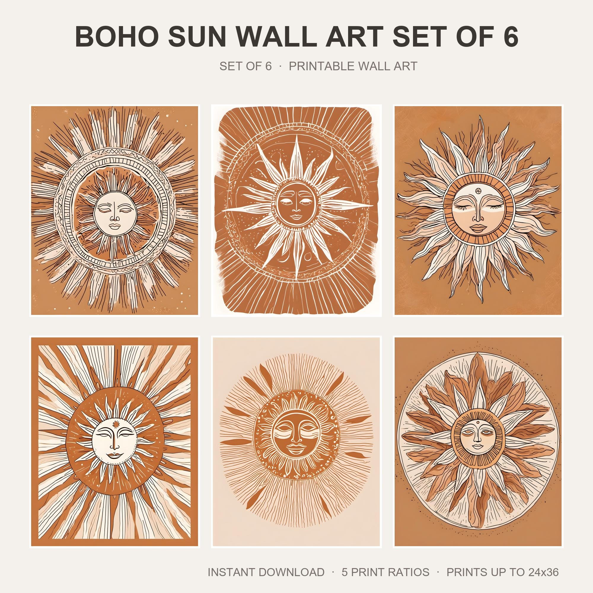 Boho Sun Wall Art Set of 6 | Abstract Celestial Printable Wall Art | Terracotta Sunburst P