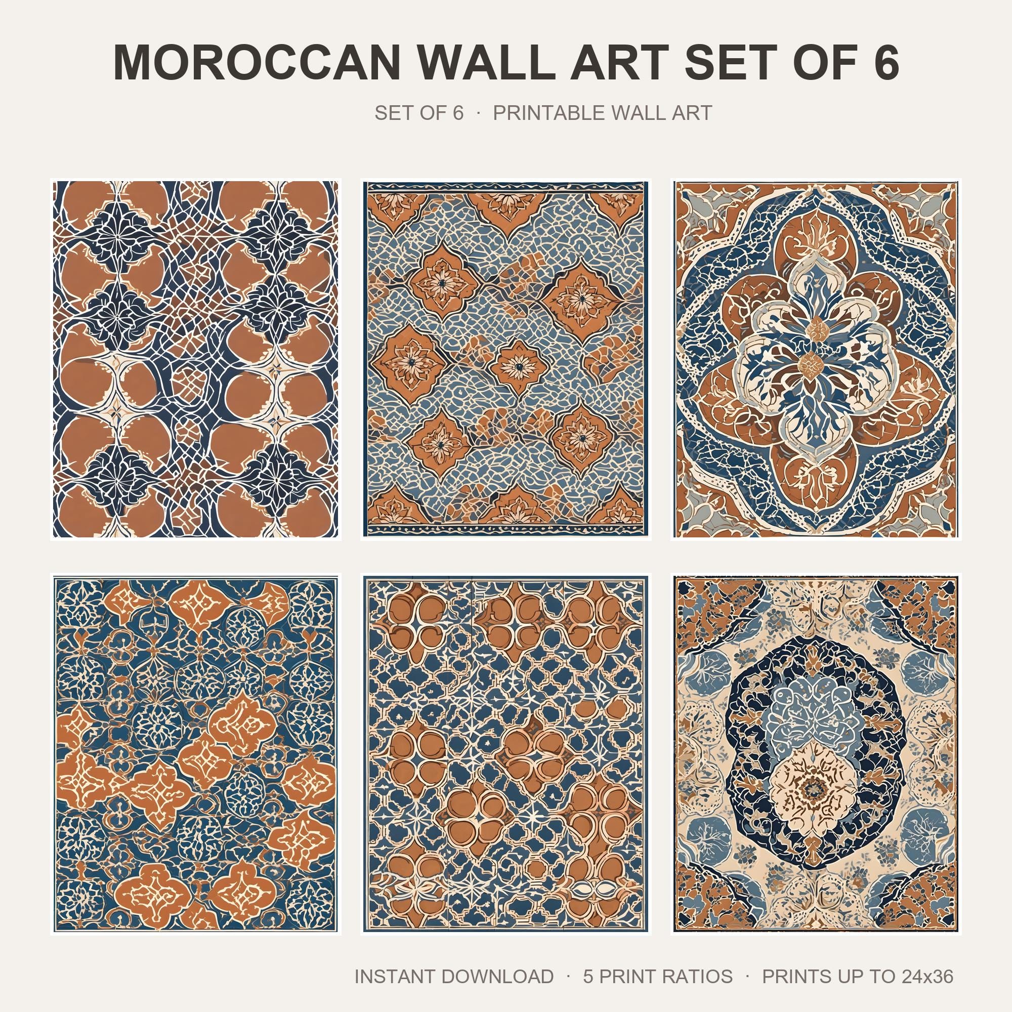 Moroccan Wall Art Set of 6 | Boho Tile Printable Wall Art | Terracotta Arabesque Pattern P