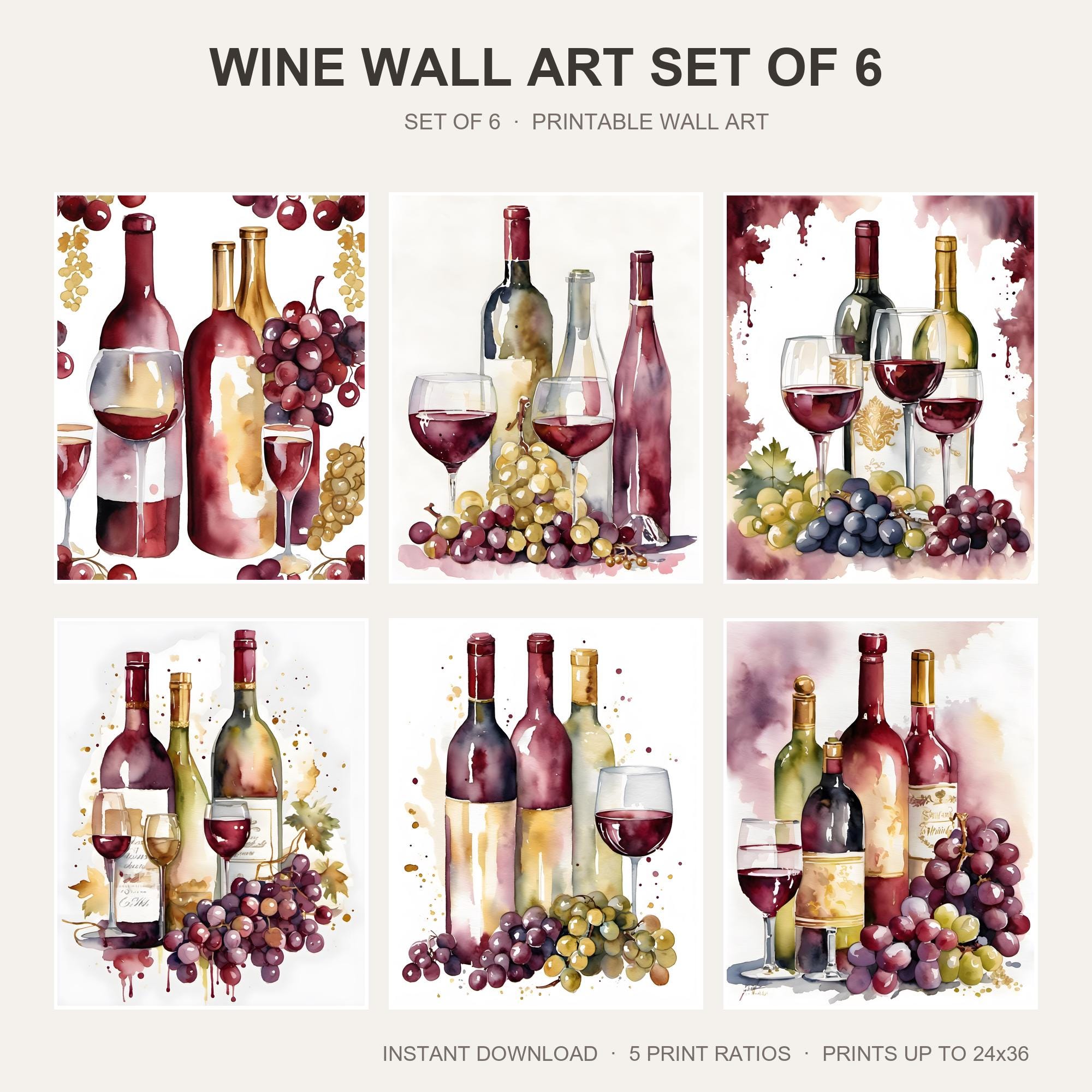 Wine Wall Art Set of 6 | Watercolor Bar Cart Printable Wall Art | Kitchen Wine Lover Print