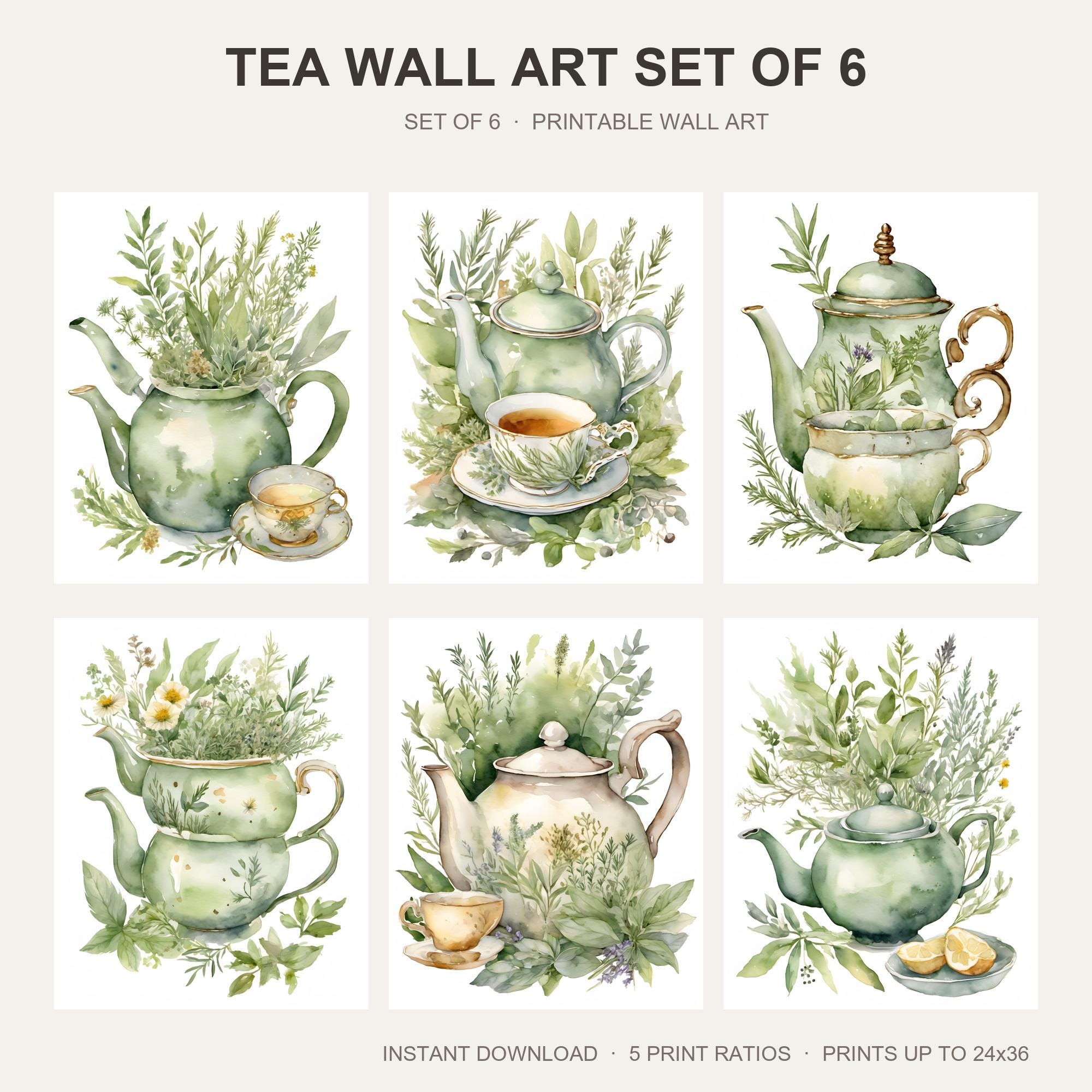 Tea Wall Art Set of 6 | Watercolor Kitchen Printable Wall Art | Cozy Teapot Botanical Prin