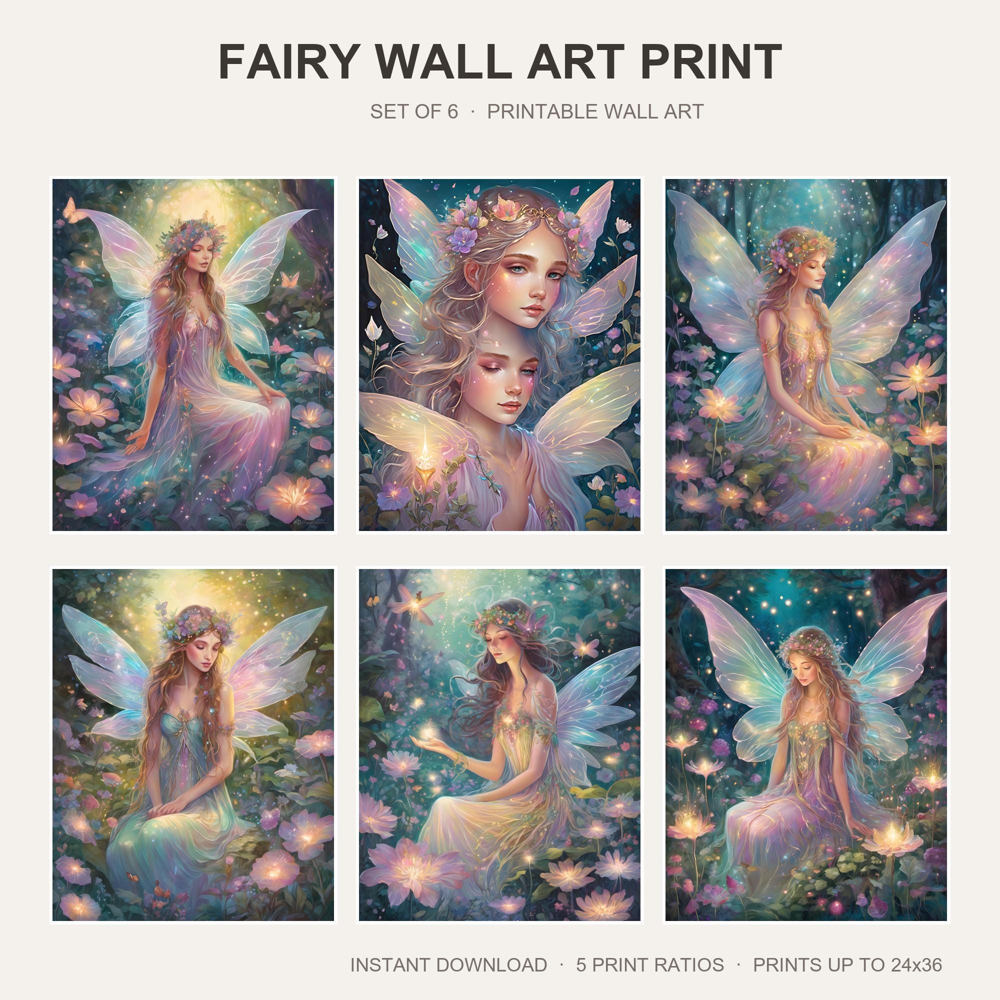 Fairy Wall Art Print | Set of 6 Fantasy Fairy Prints | Enchanted Fairycore Decor | Whimsic
