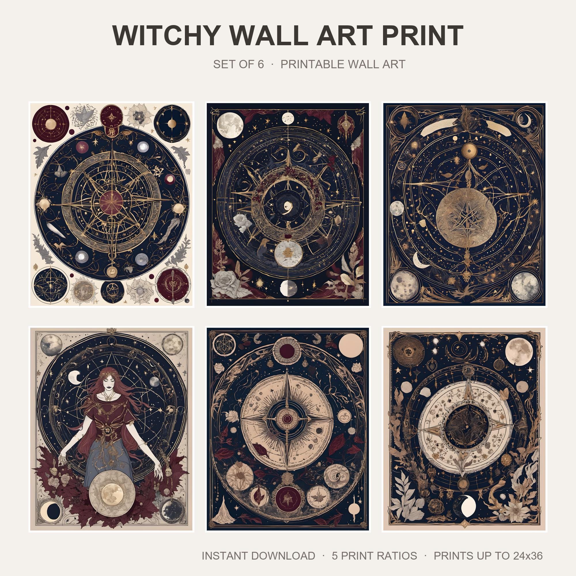 Witchy Wall Art Print | Set of 6 Mystical Occult Prints | Celestial Tarot Decor | Dark Aca