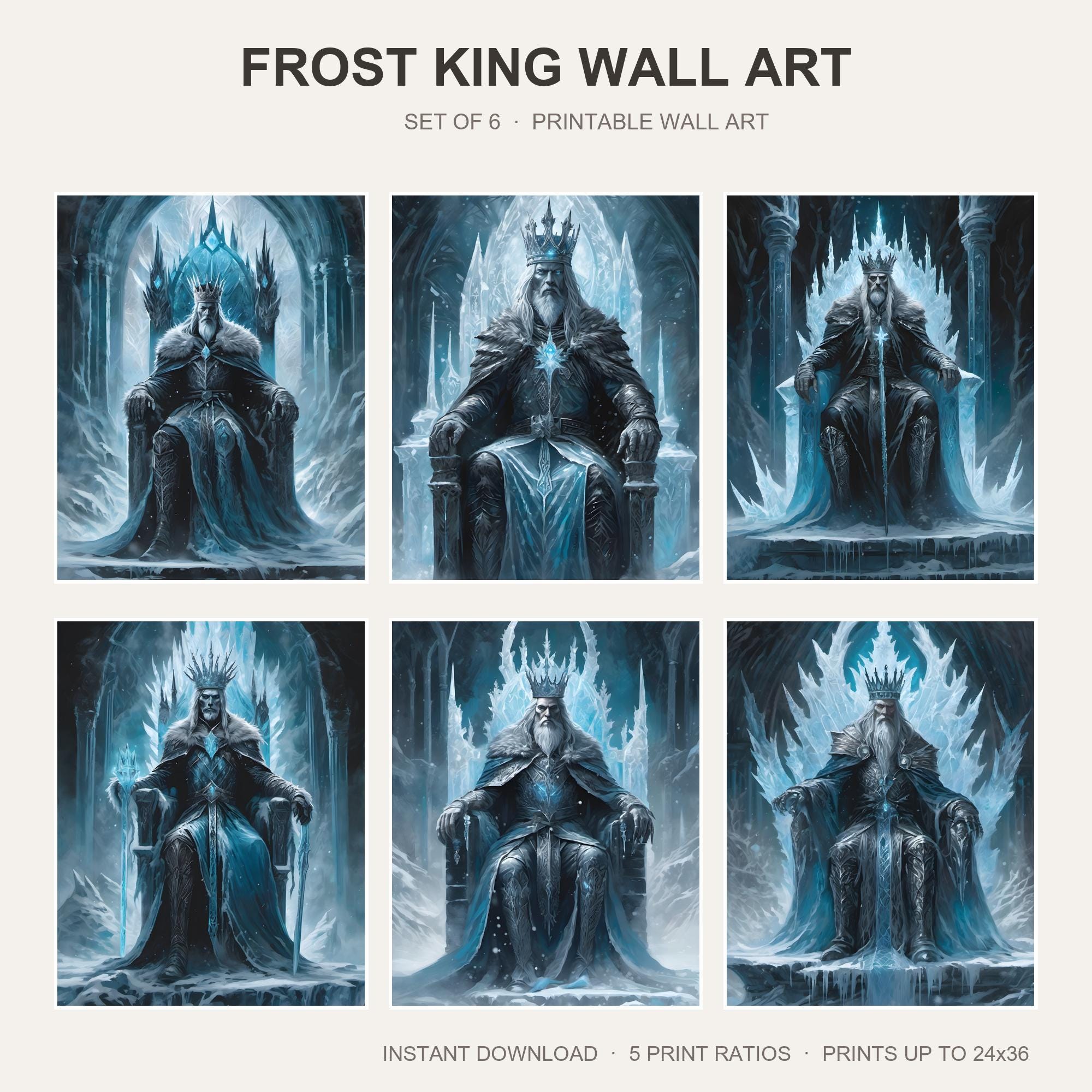 Frost King Wall Art | Set of 6 Dark Fantasy Prints | Ice Lich King Decor | Gothic Gaming R