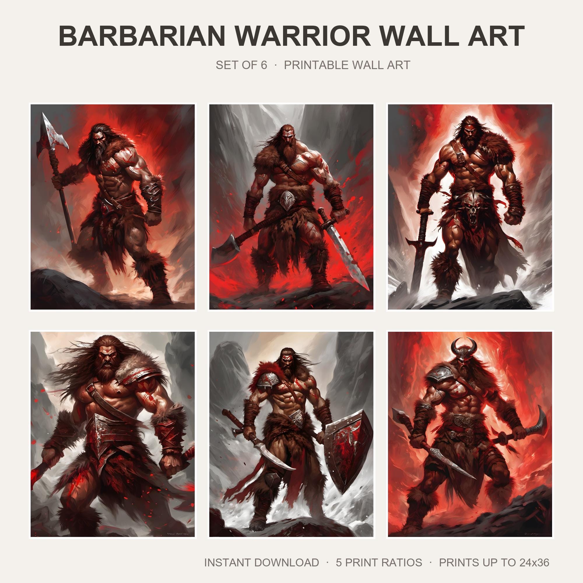 Barbarian Warrior Wall Art | Set of 6 Fantasy Prints | Epic Warrior Decor | Gaming Room Ar