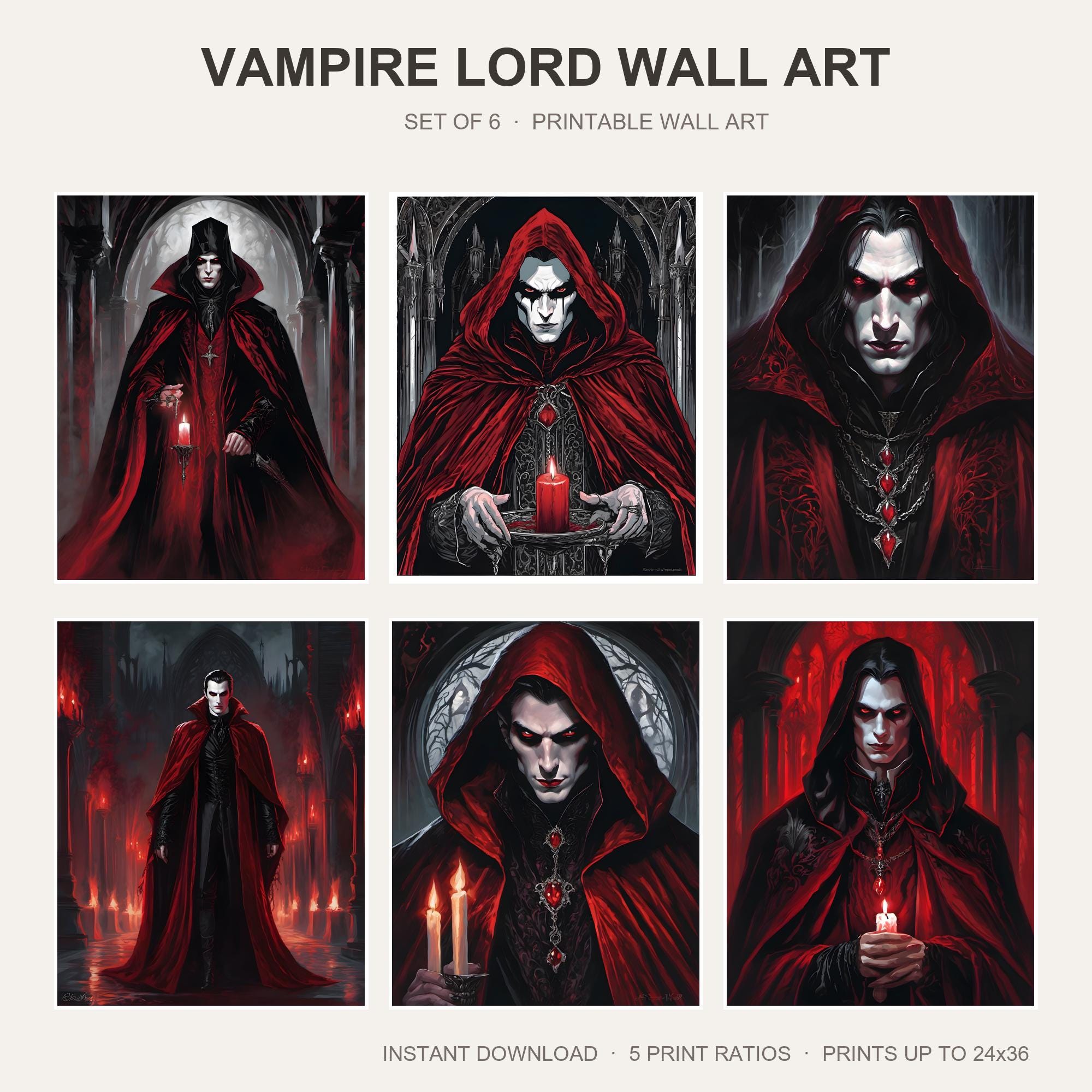 Vampire Lord Wall Art | Set of 6 Gothic Fantasy Prints | Dark Vampire Decor | Gothic Gamin