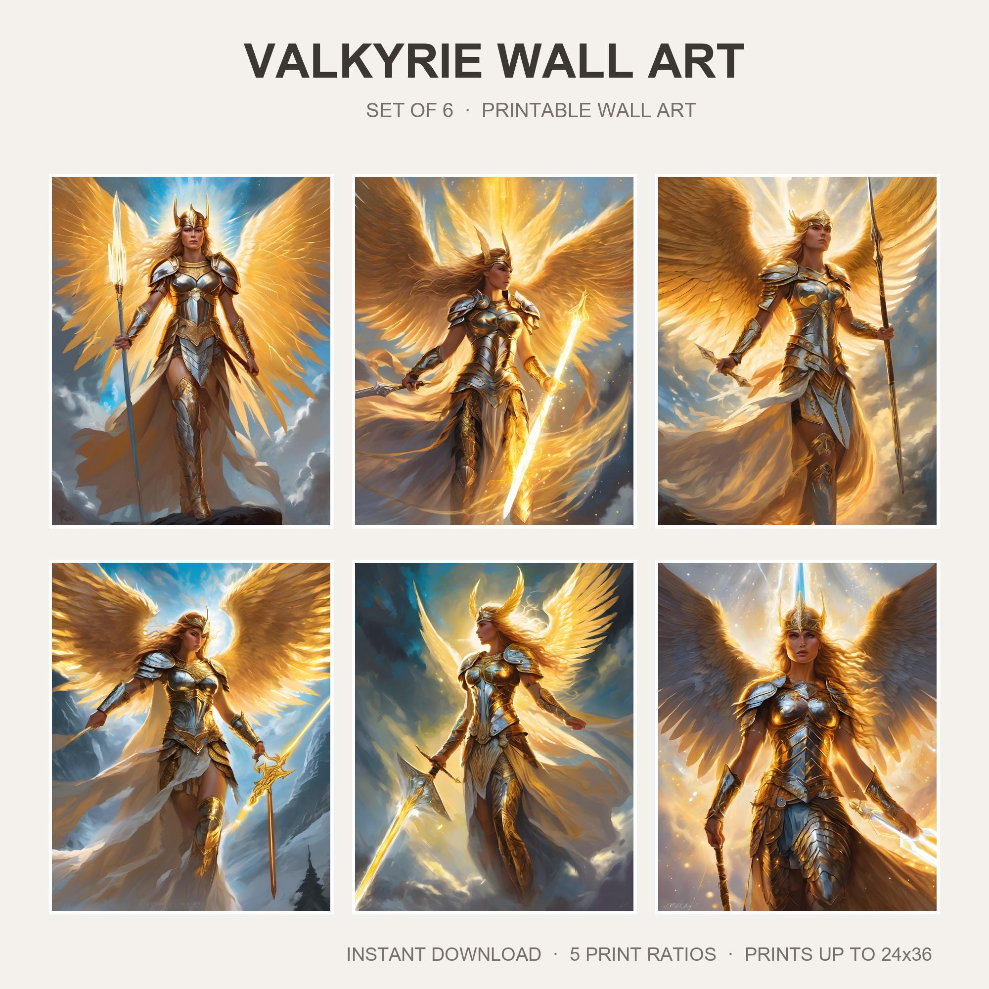 Valkyrie Wall Art | Set of 6 Fantasy Warrior Prints | Norse Goddess Decor | Gaming Room Ar