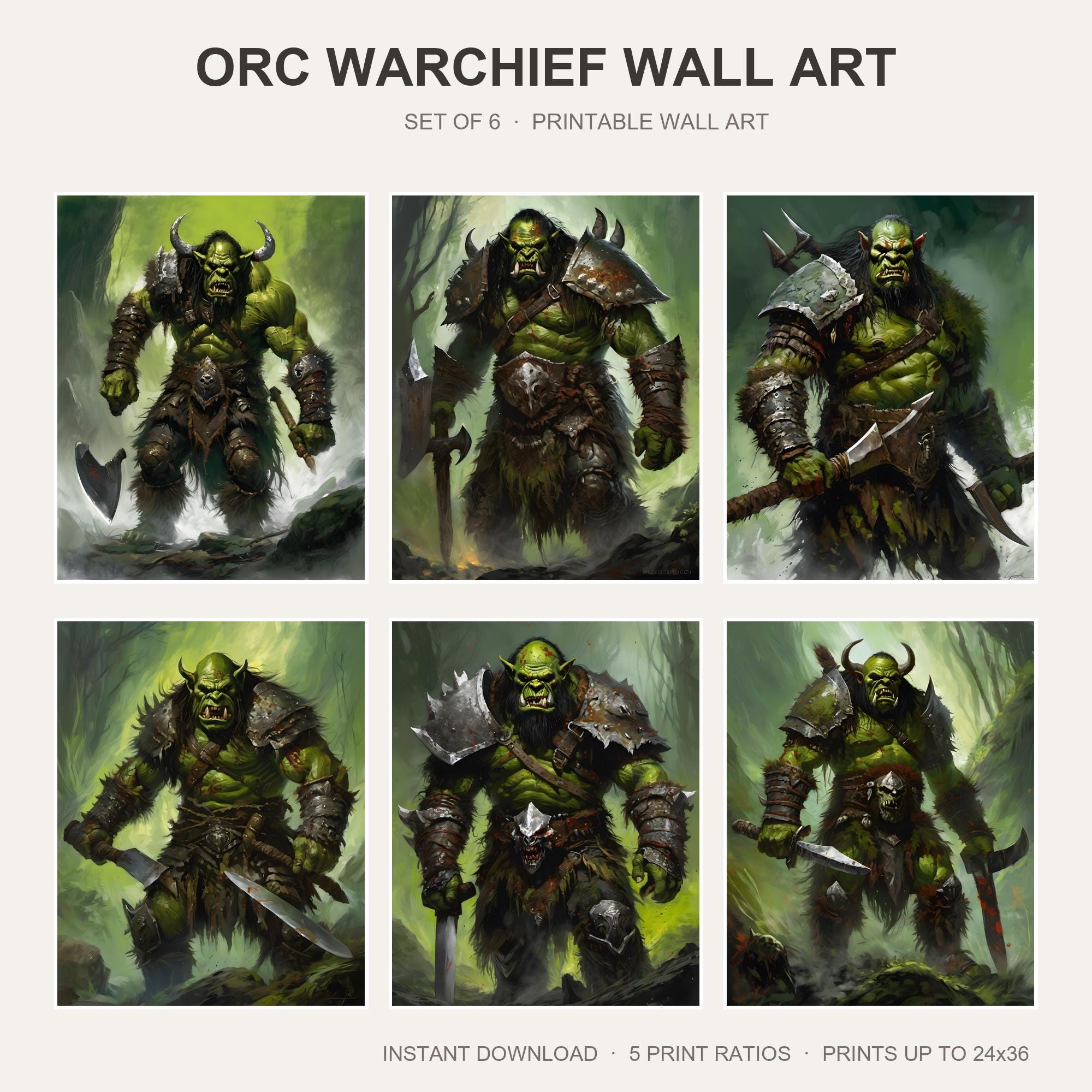 Orc Warchief Wall Art | Set of 6 Dark Fantasy Prints | Epic Orc Decor | Gaming Room Art |