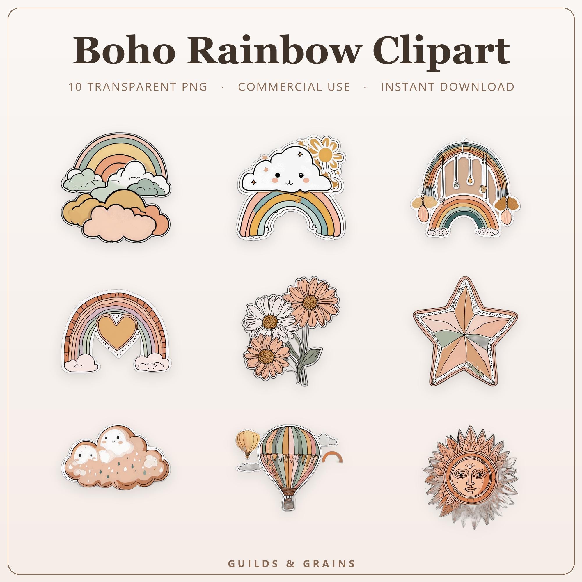 Boho Rainbow Clipart PNG Bundle