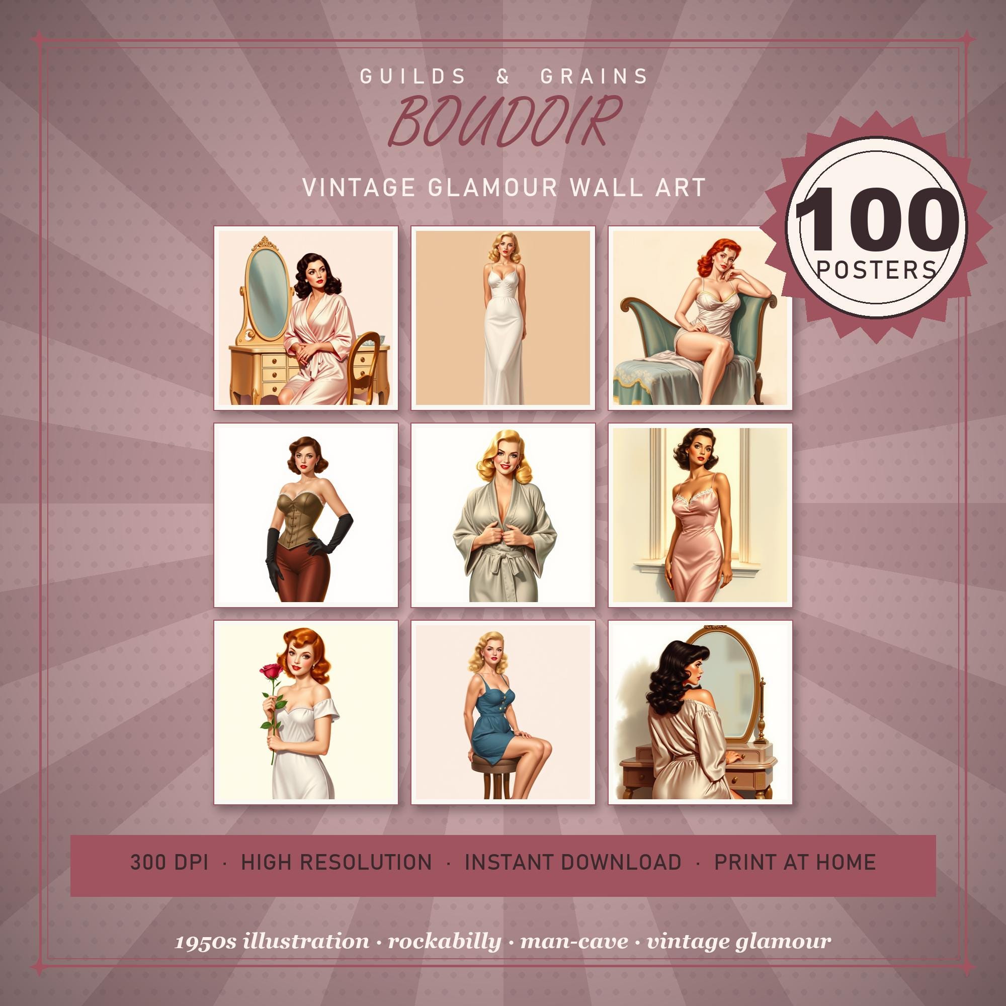 Boudoir Pin Up Wall Art Set of 100, Vintage Beach Glamour Poster Bundle, Retro Bombshell B