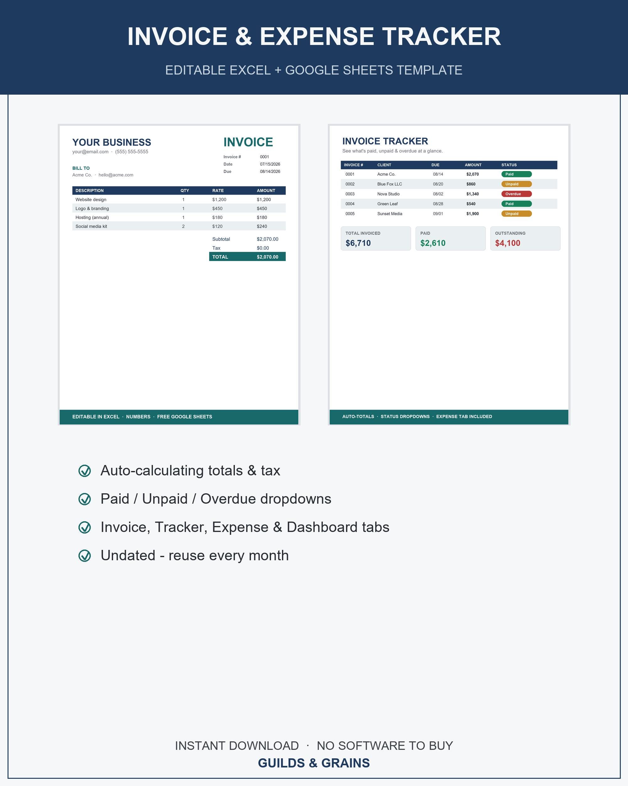 Invoice Tracker Template Excel Google Sheets, Editable Small Business Invoice Expense Trac