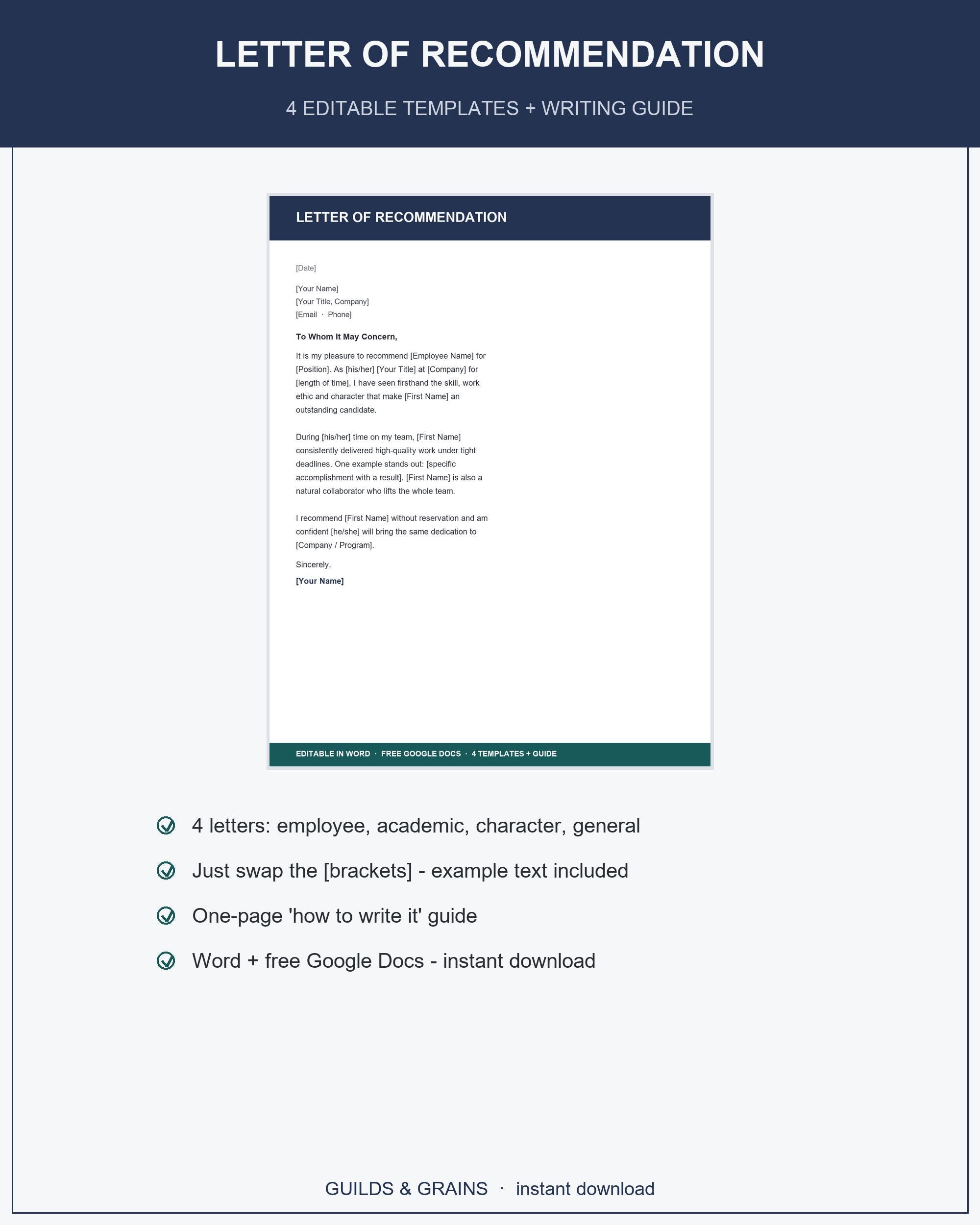 Letter of Recommendation Template, Editable Word Google Docs, Employee Academic Character