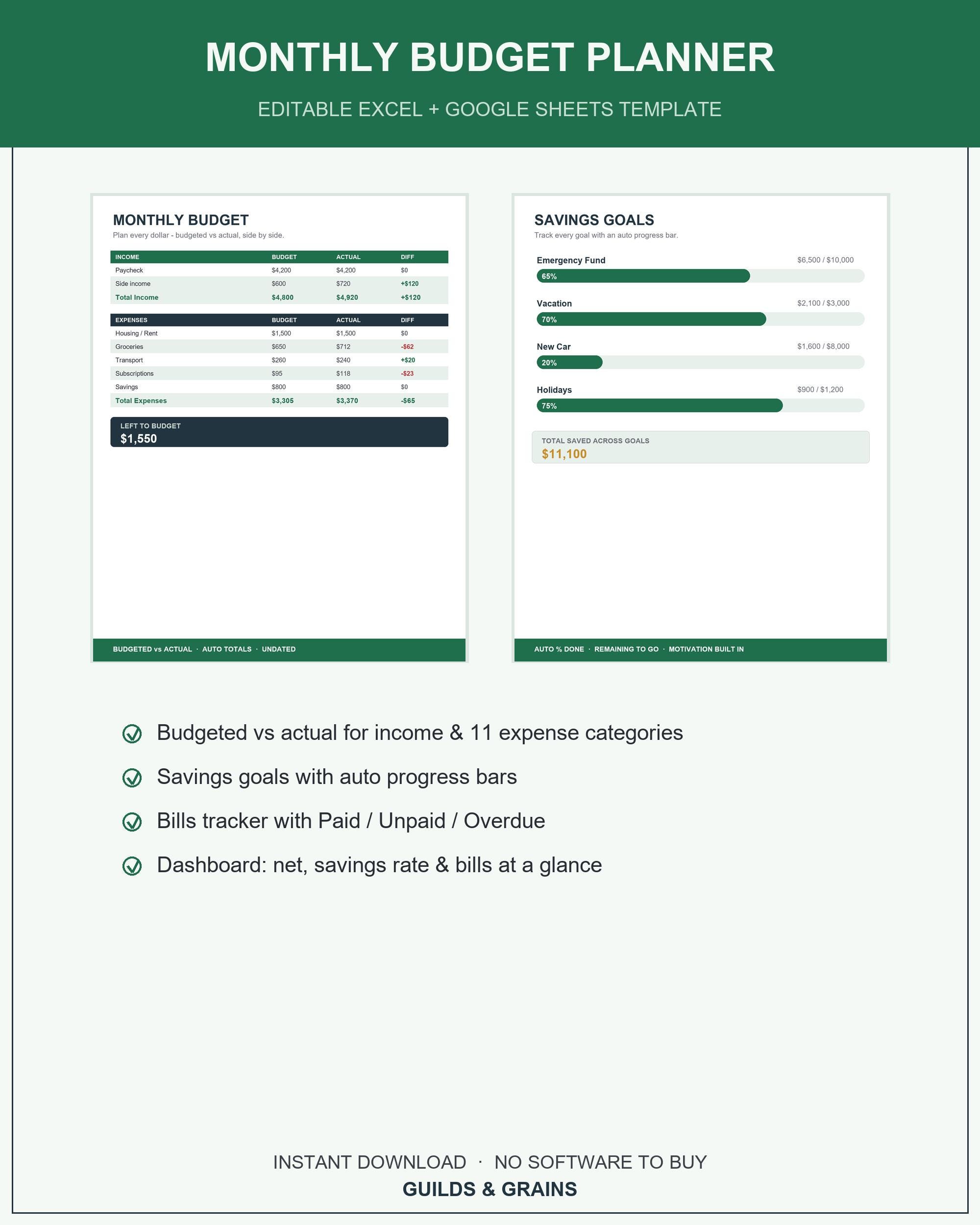 Monthly Budget Planner Template Excel Google Sheets, Editable Budget Spreadsheet Savings G