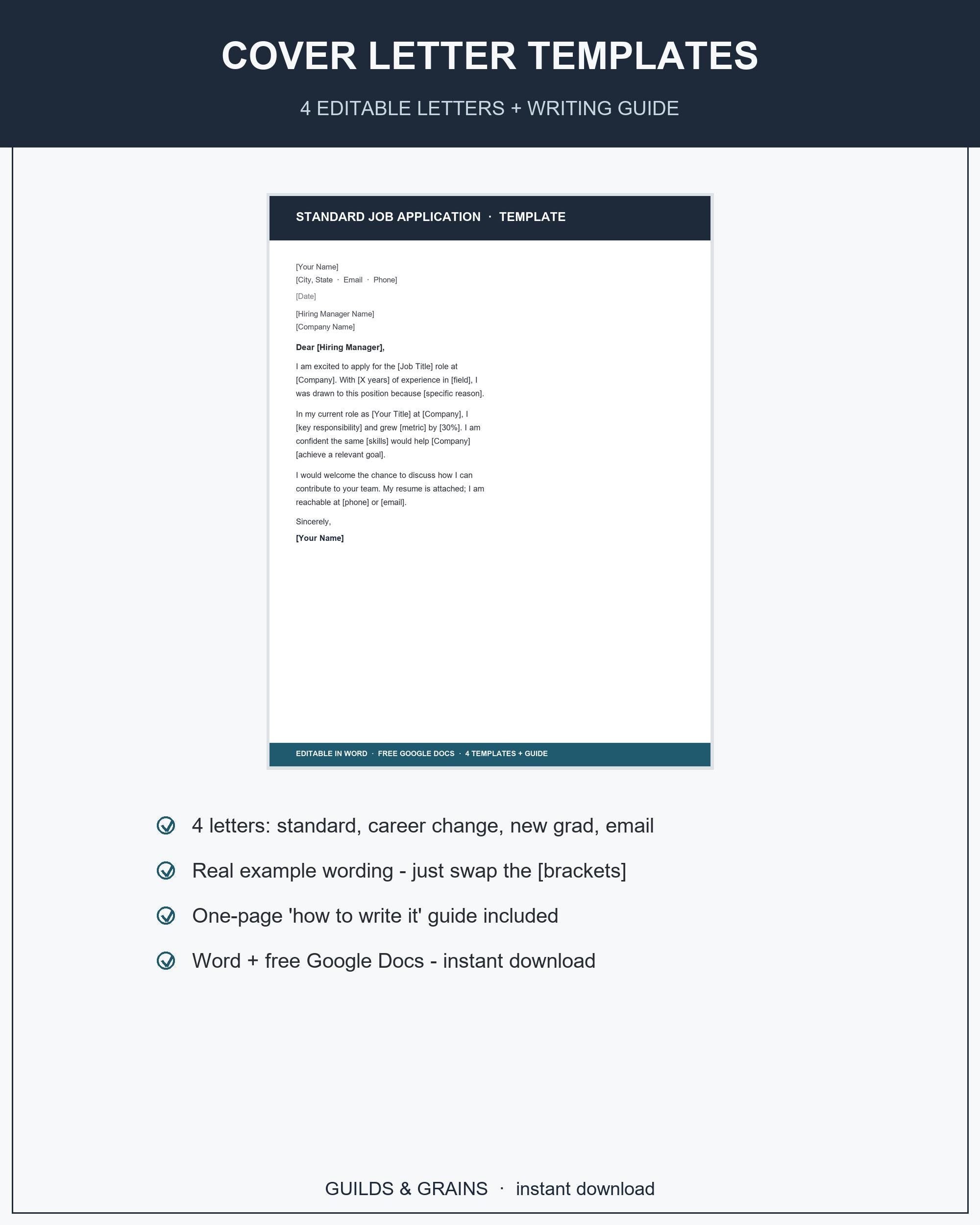 Cover Letter Template, Editable Word Google Docs, Job Application Career Change New Grad C