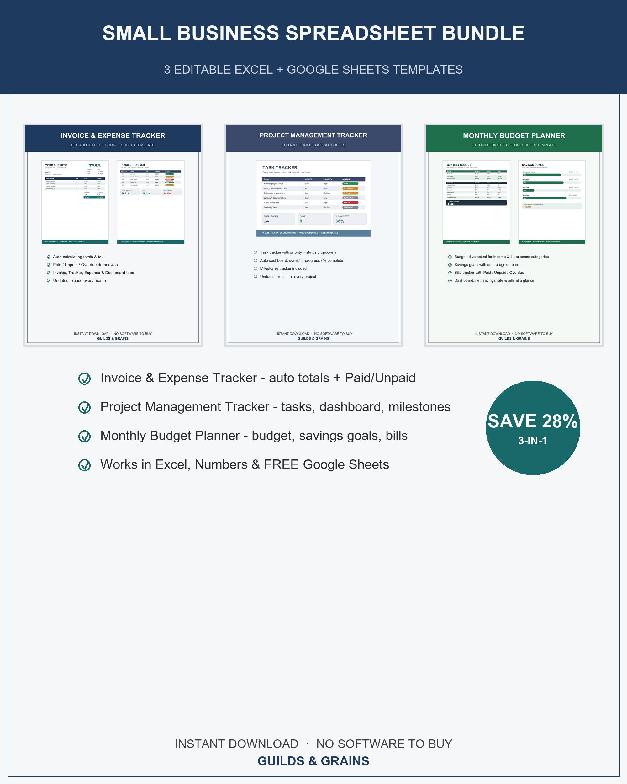 Small Business Spreadsheet Bundle, Editable Excel Google Sheets, Invoice Expense Project B