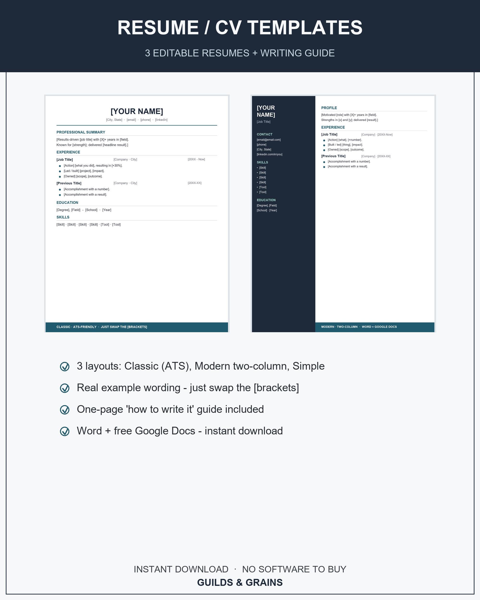 Resume Template Editable Word Google Docs, Modern Professional CV Template, ATS Resume Cur