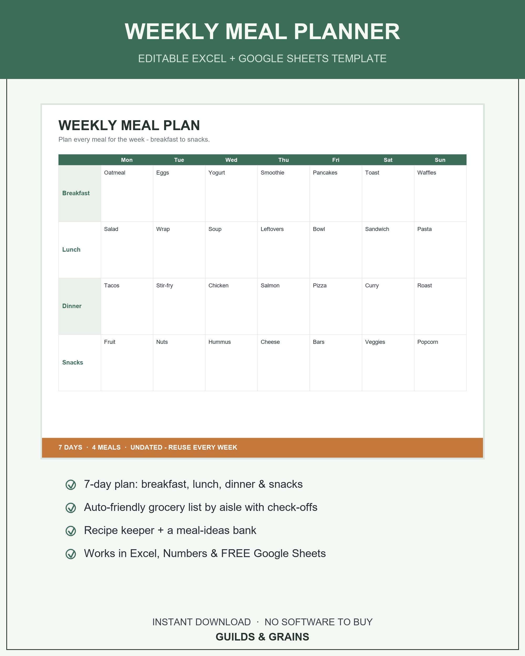Weekly Meal Planner Template Excel Google Sheets, Editable Meal Plan Grocery List Recipe T