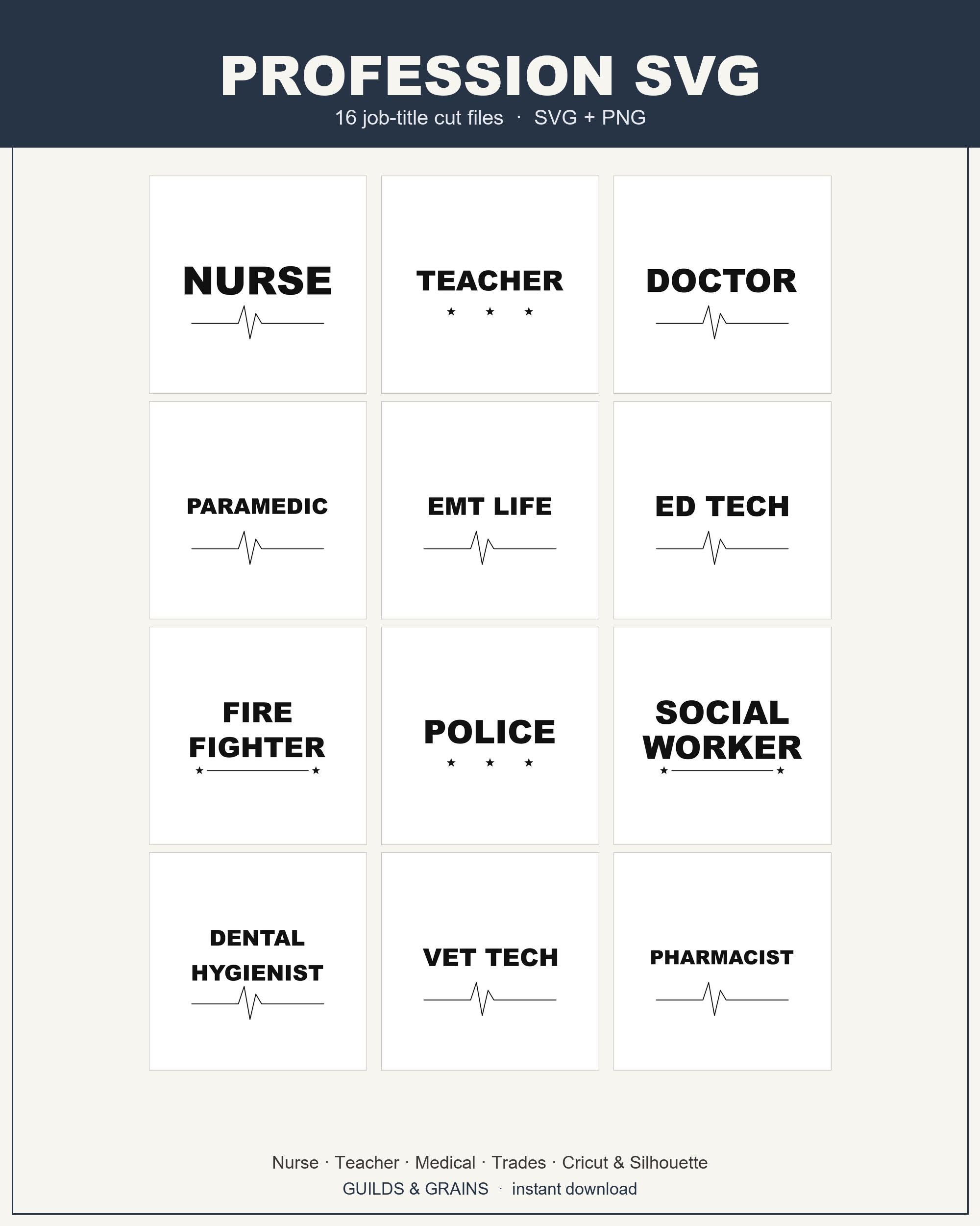 Profession SVG Bundle, Nurse Teacher Job Title Cut Files, 16 Career Typography SVG PNG for Cricut, Instant Download