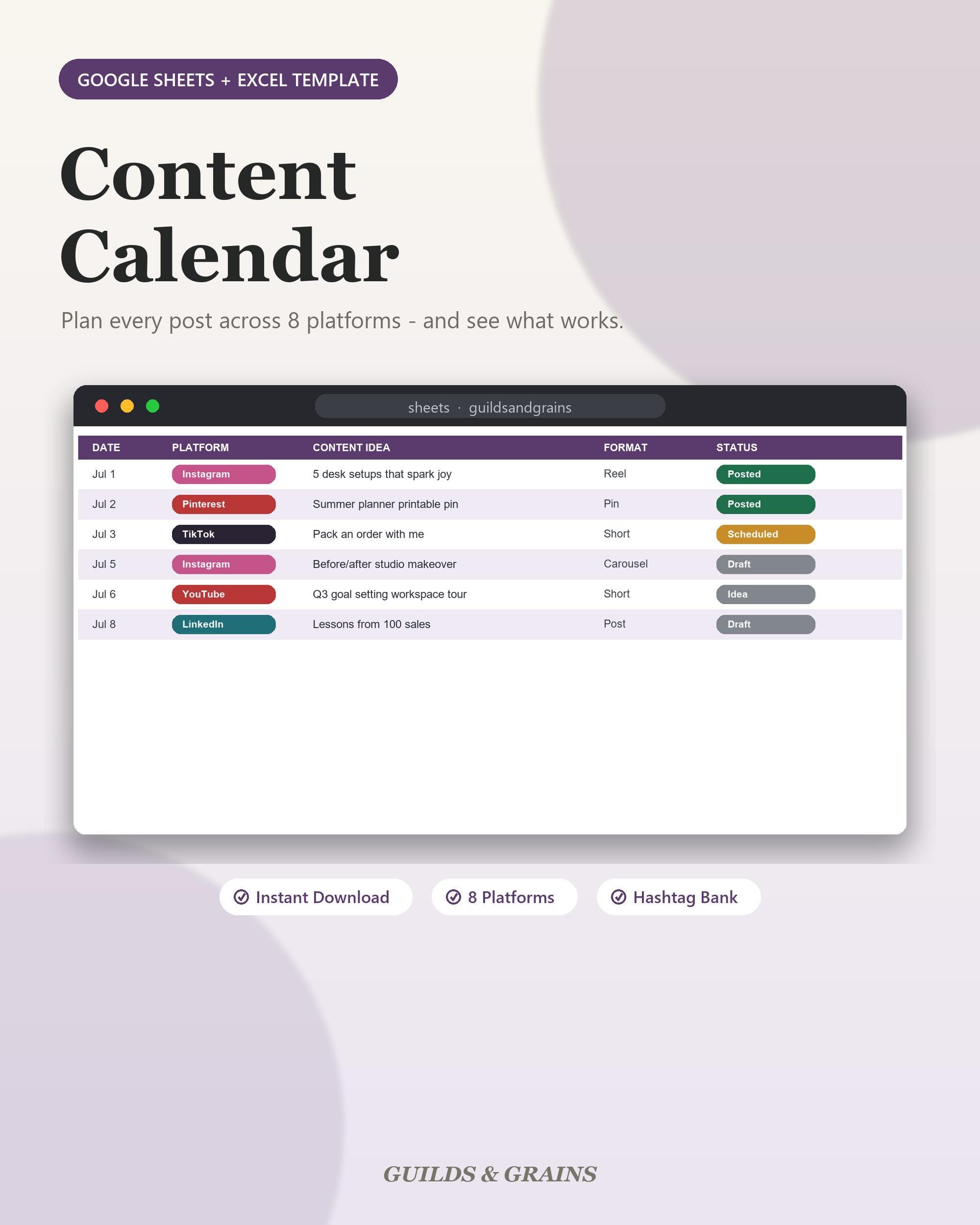 Content Calendar Google Sheets Excel Social Media Planner Instagram TikTok Pinterest Content Planner Hashtag Tracker Download