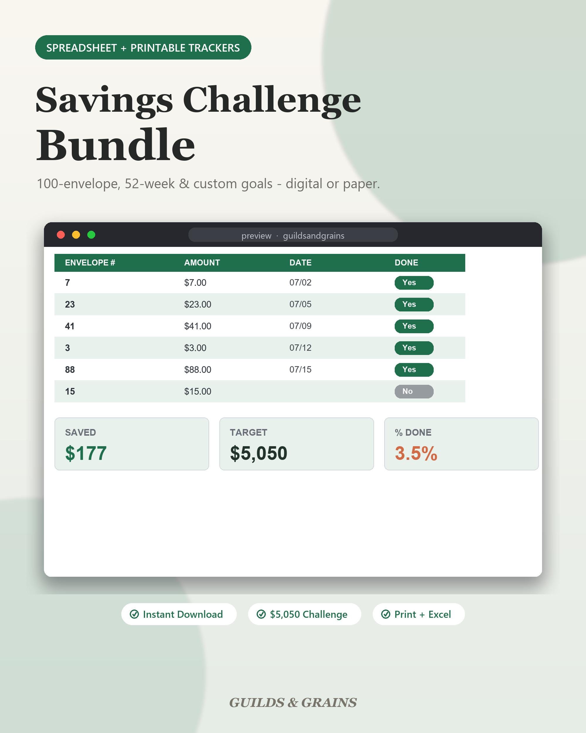 Savings Challenge Bundle, 100 Envelope Challenge Tracker Excel Google Sheets + Printable 5