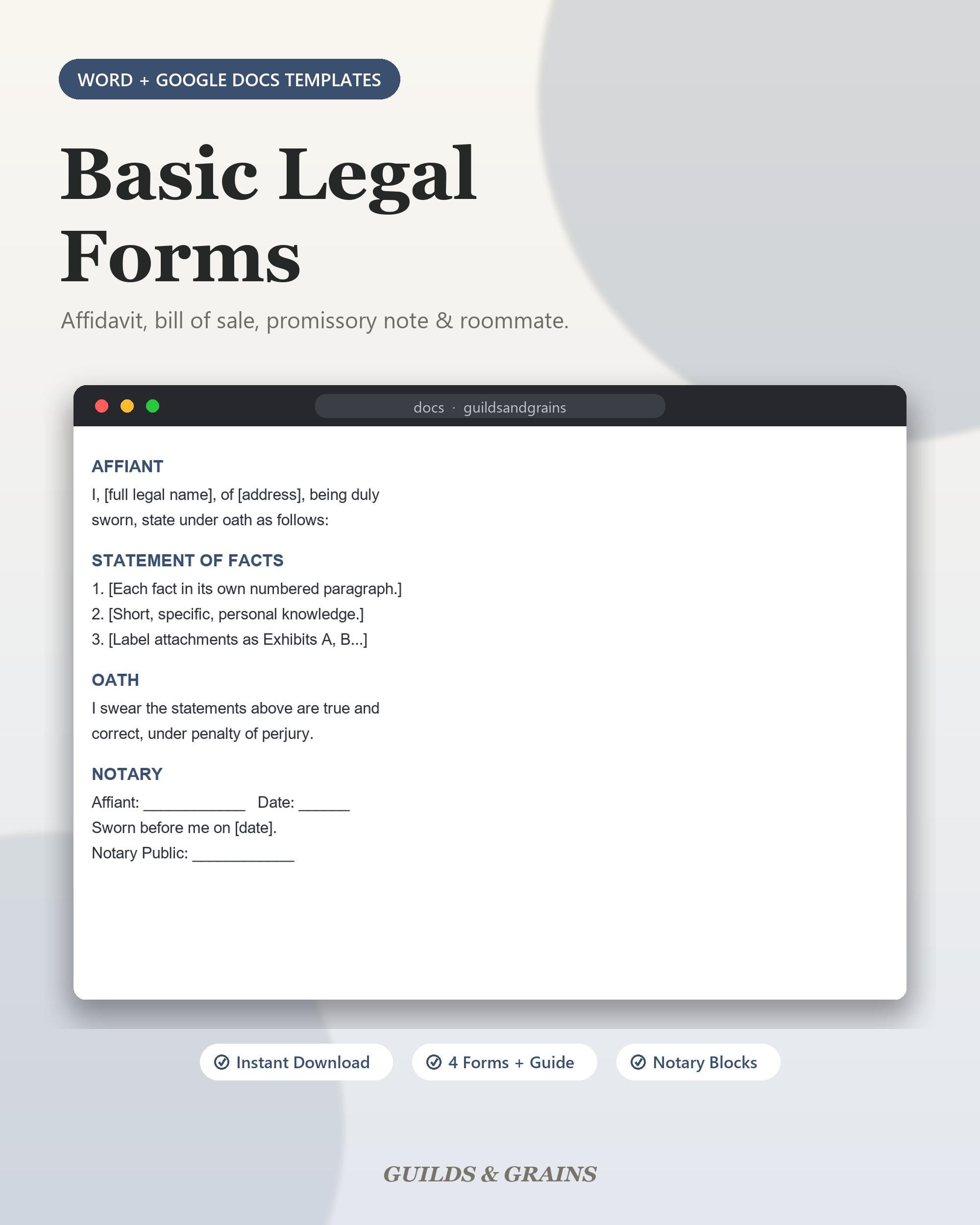 Legal Forms Pack Word Google Docs Affidavit Template Bill of Sale Promissory Note Roommate Agreement Editable Download