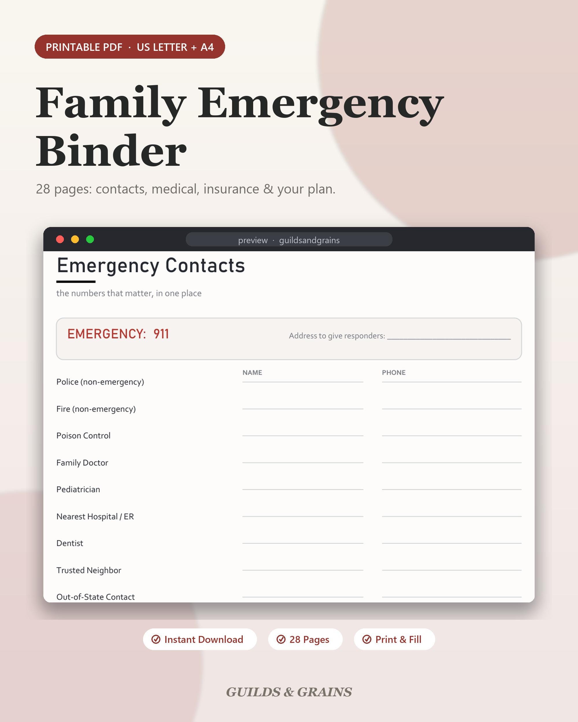 Family Emergency Binder Printable Household Organizer Emergency Preparedness Kit Medical Binder Home Inventory PDF Download