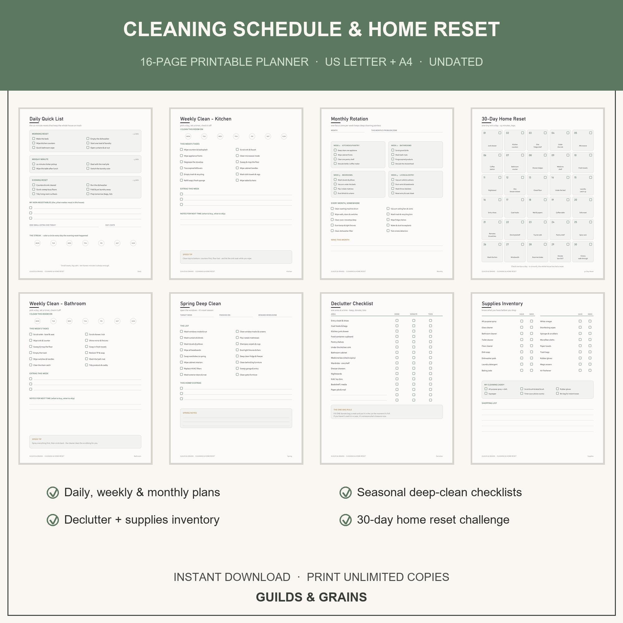 Cleaning Schedule Printable, Home Reset Planner, Daily Weekly Monthly Cleaning Checklist, Seasonal Deep Clean Declutter List, US Letter A4