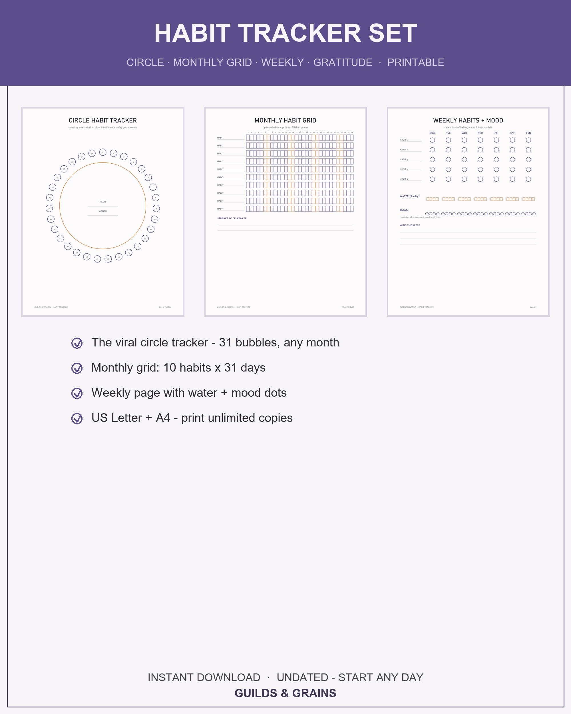 Habit Tracker Printable Set, Circle Habit Tracker Monthly Grid Weekly Mood Water Log, US Letter A4, Instant Download