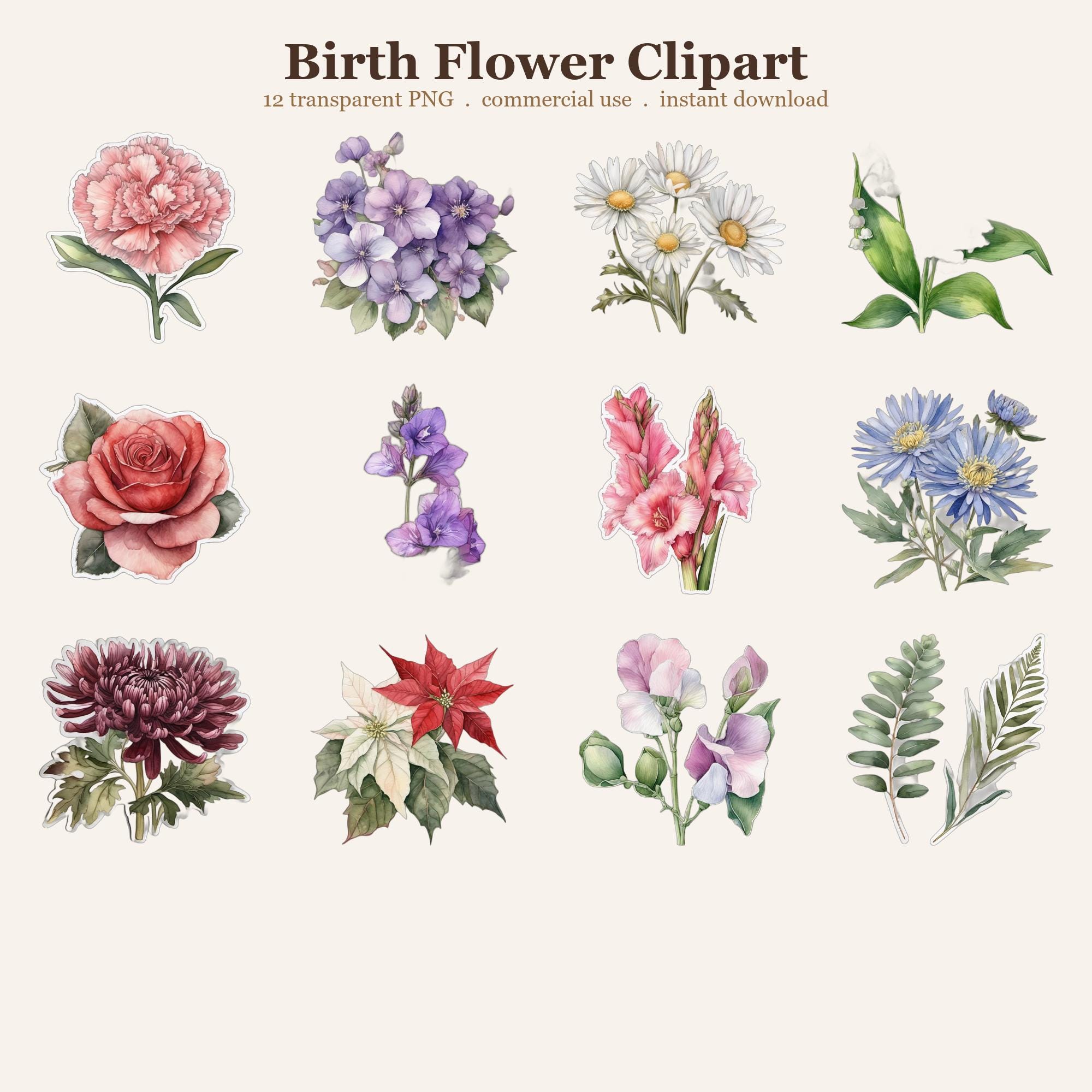 Birth Flower Clipart PNG Bundle
