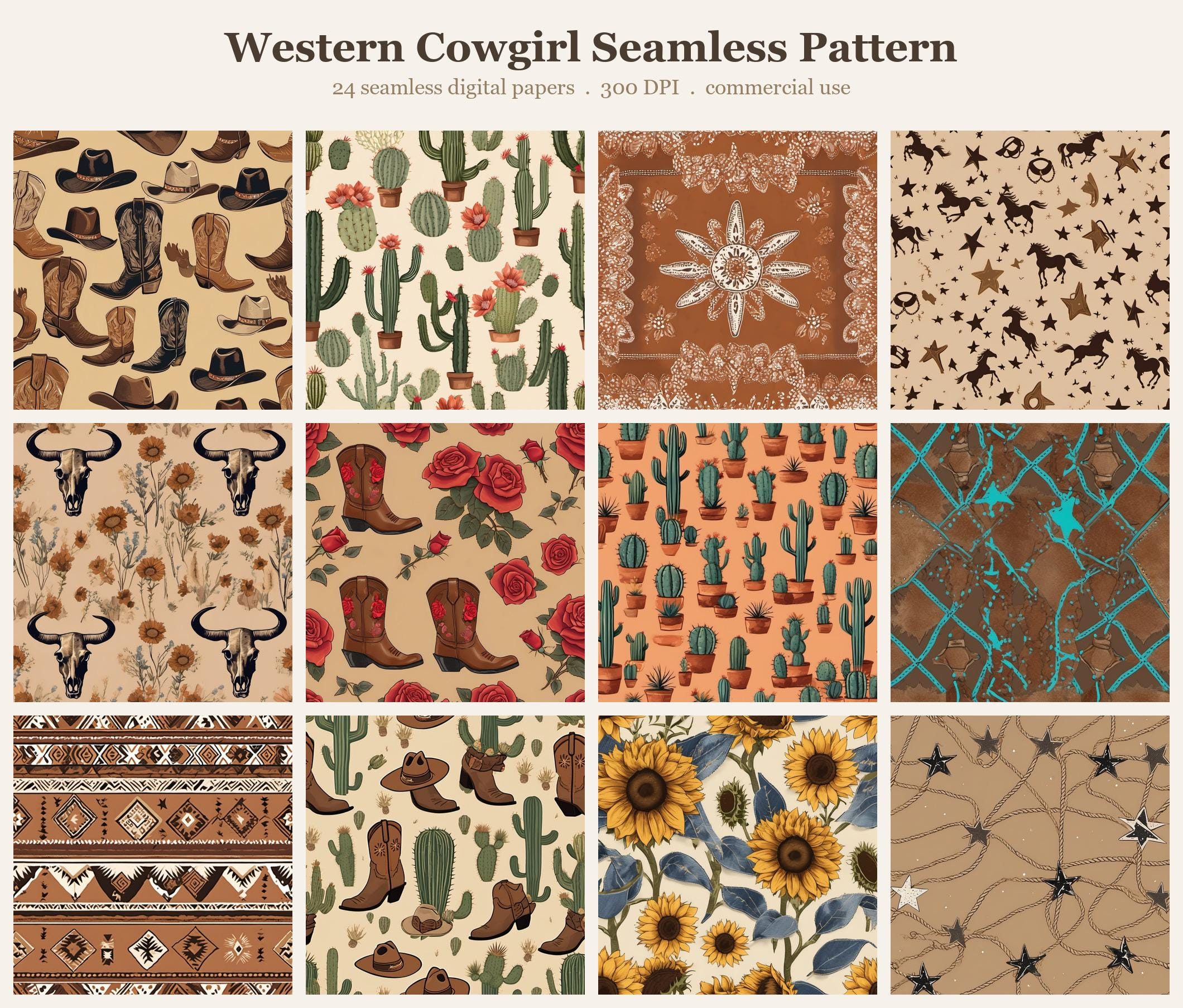 Western Cowgirl Seamless Pattern Bundle, Seamless Digital Paper, Sublimation Tumbler Wrap PNG, Designs Commercial Use