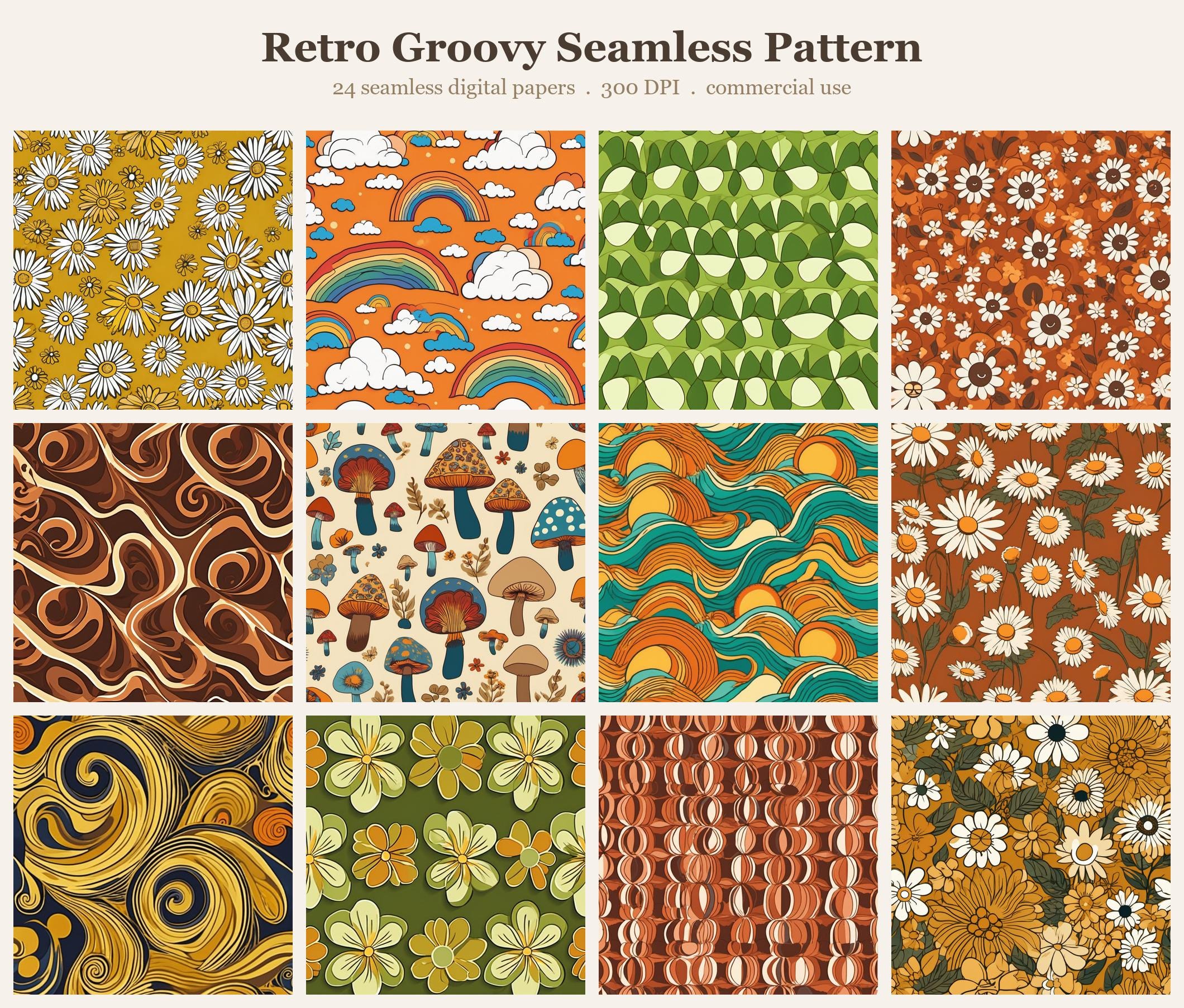 Retro Groovy Seamless Pattern Bundle, Seamless Digital Paper, Sublimation Tumbler Wrap PNG, Designs Commercial Use