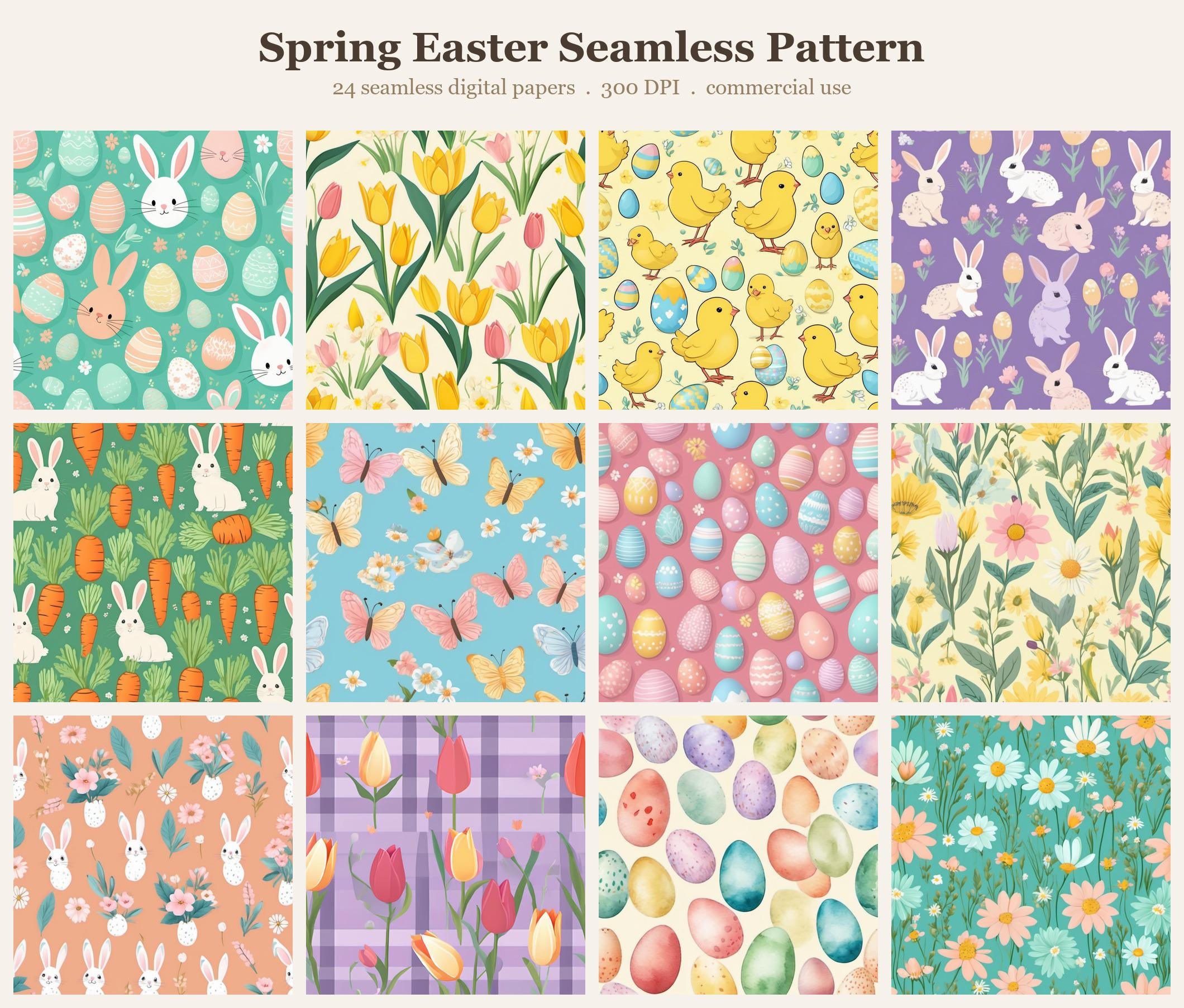 Spring Easter Seamless Pattern Bundle, Seamless Digital Paper, Sublimation Tumbler Wrap PNG, Designs Commercial Use