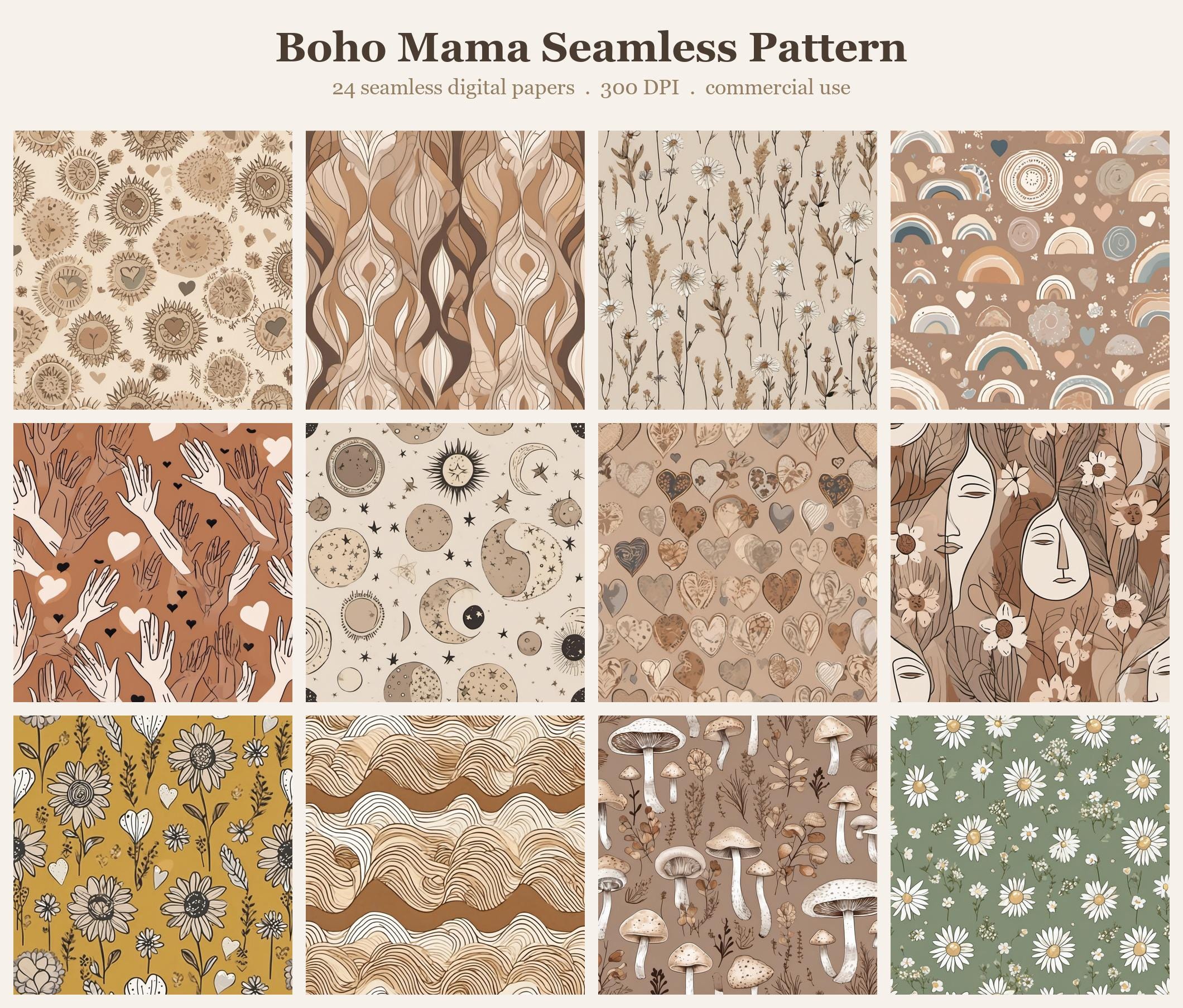 Boho Mama Seamless Pattern Bundle, Seamless Digital Paper, Sublimation Tumbler Wrap PNG, Designs Commercial Use
