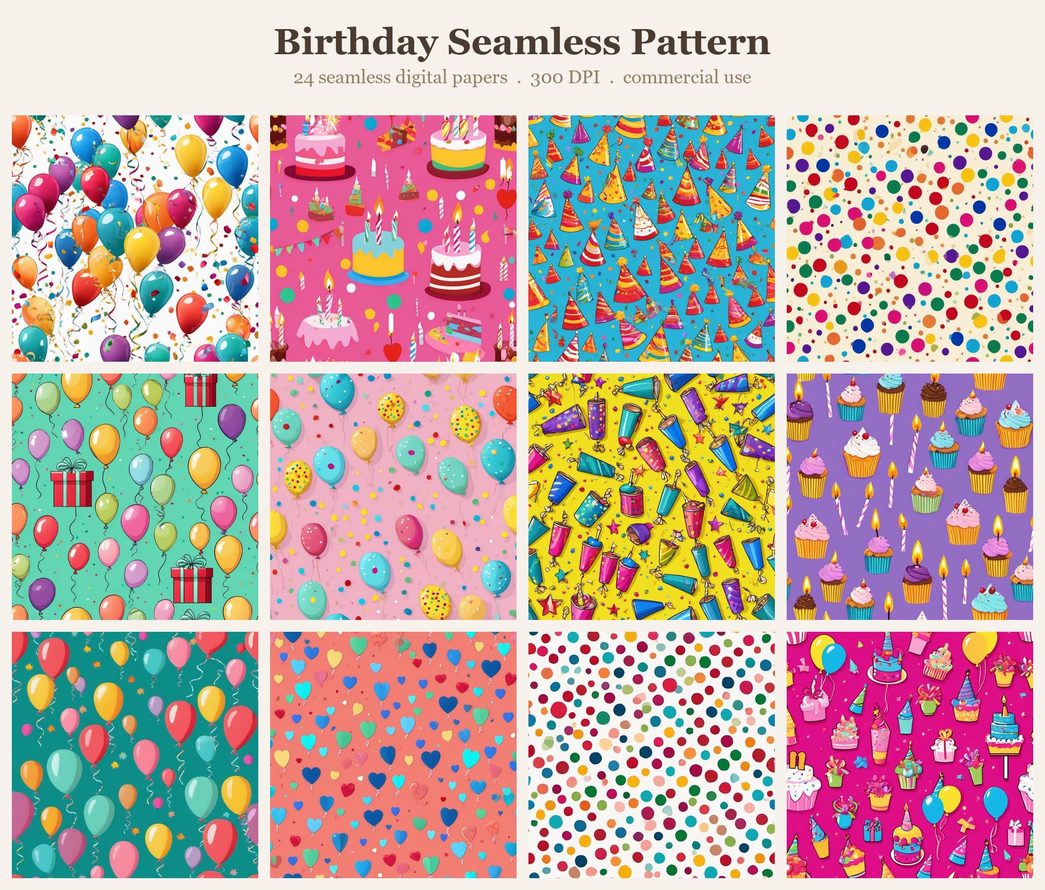 Birthday Seamless Pattern Bundle, Seamless Digital Paper, Sublimation Tumbler Wrap PNG, Designs Commercial Use