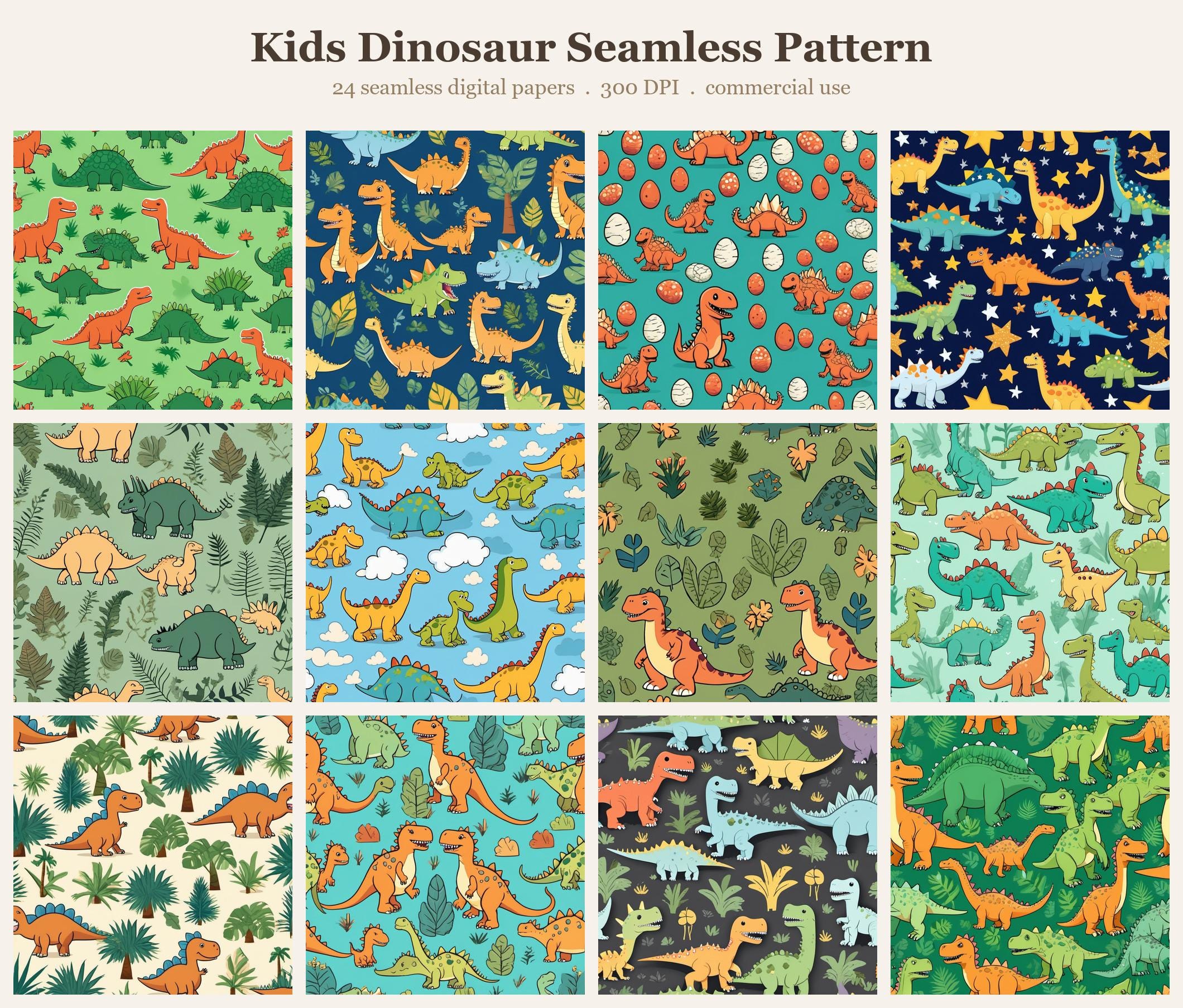 Kids Dinosaur Seamless Pattern Bundle, Seamless Digital Paper, Sublimation Tumbler Wrap PNG, Designs Commercial Use