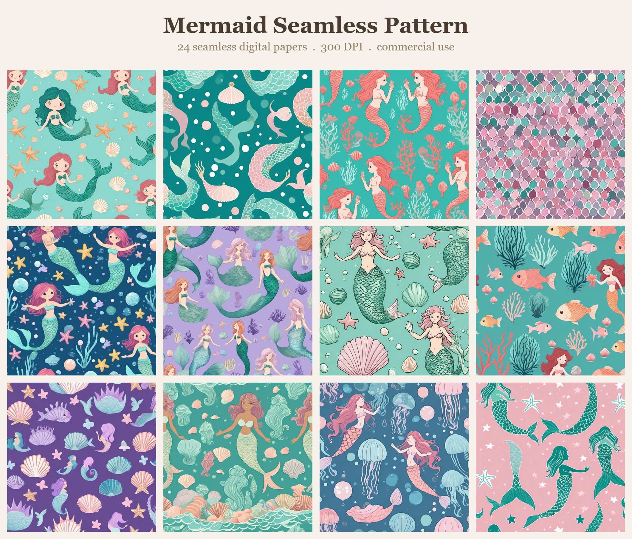 Mermaid Seamless Pattern Bundle, Seamless Digital Paper, Sublimation Tumbler Wrap PNG, Designs Commercial Use