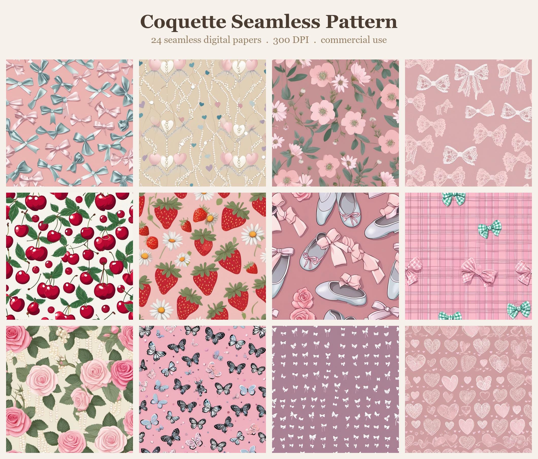 Coquette Seamless Pattern Bundle, Seamless Digital Paper, Sublimation Tumbler Wrap PNG, Designs Commercial Use