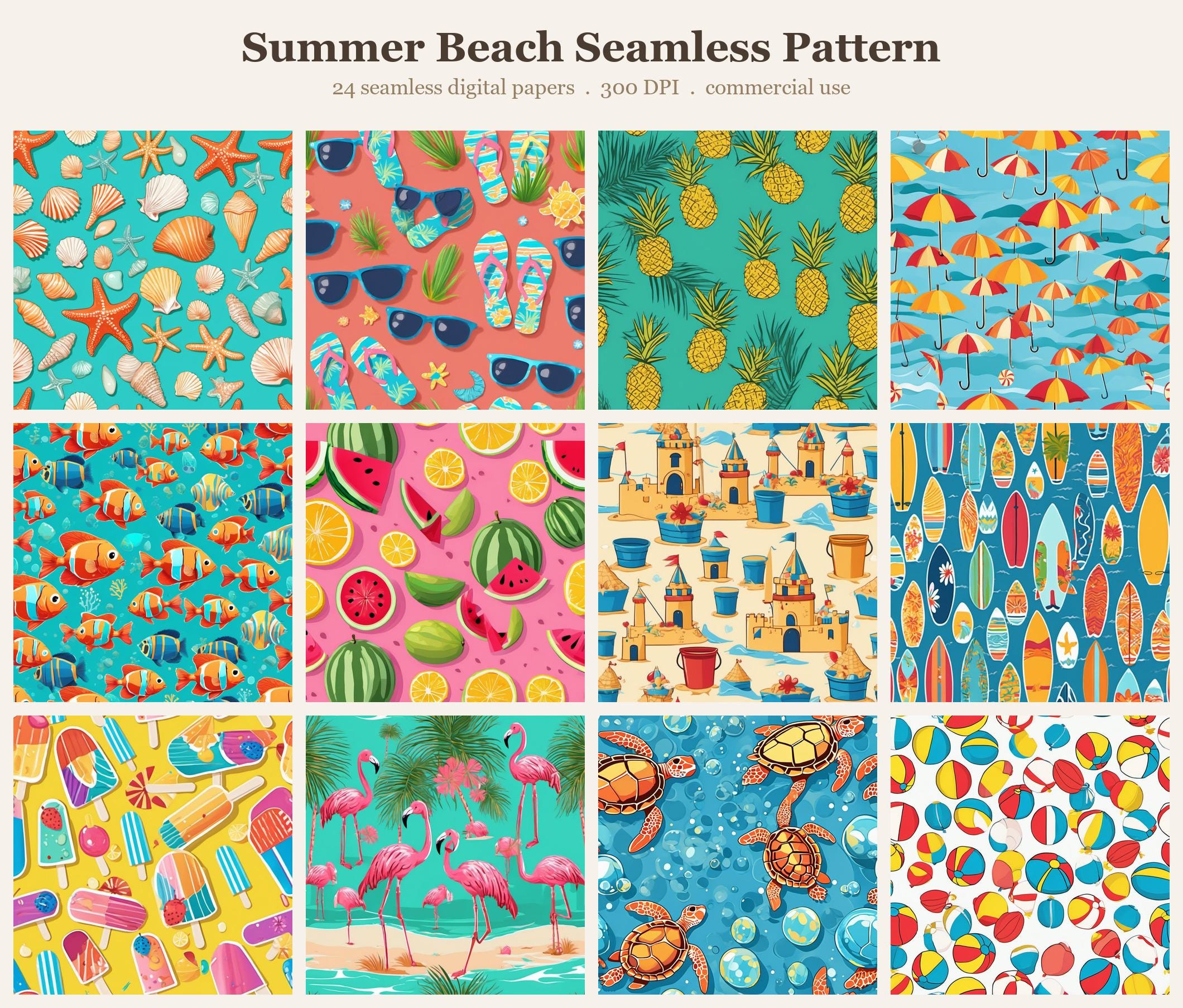 Summer Beach Seamless Pattern Bundle, Seamless Digital Paper, Sublimation Tumbler Wrap PNG, Designs Commercial Use