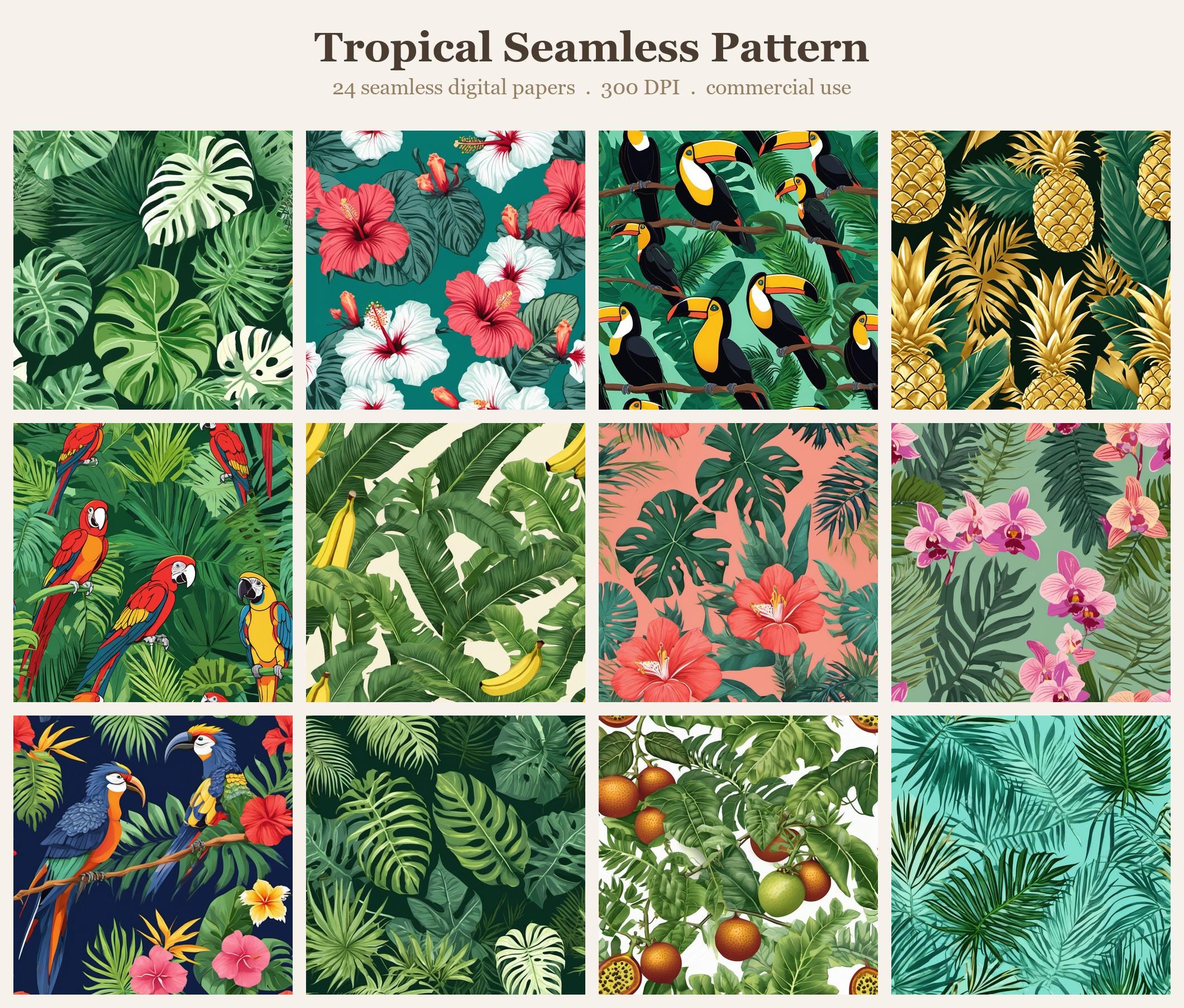 Tropical Seamless Pattern Bundle, Seamless Digital Paper, Sublimation Tumbler Wrap PNG, Designs Commercial Use