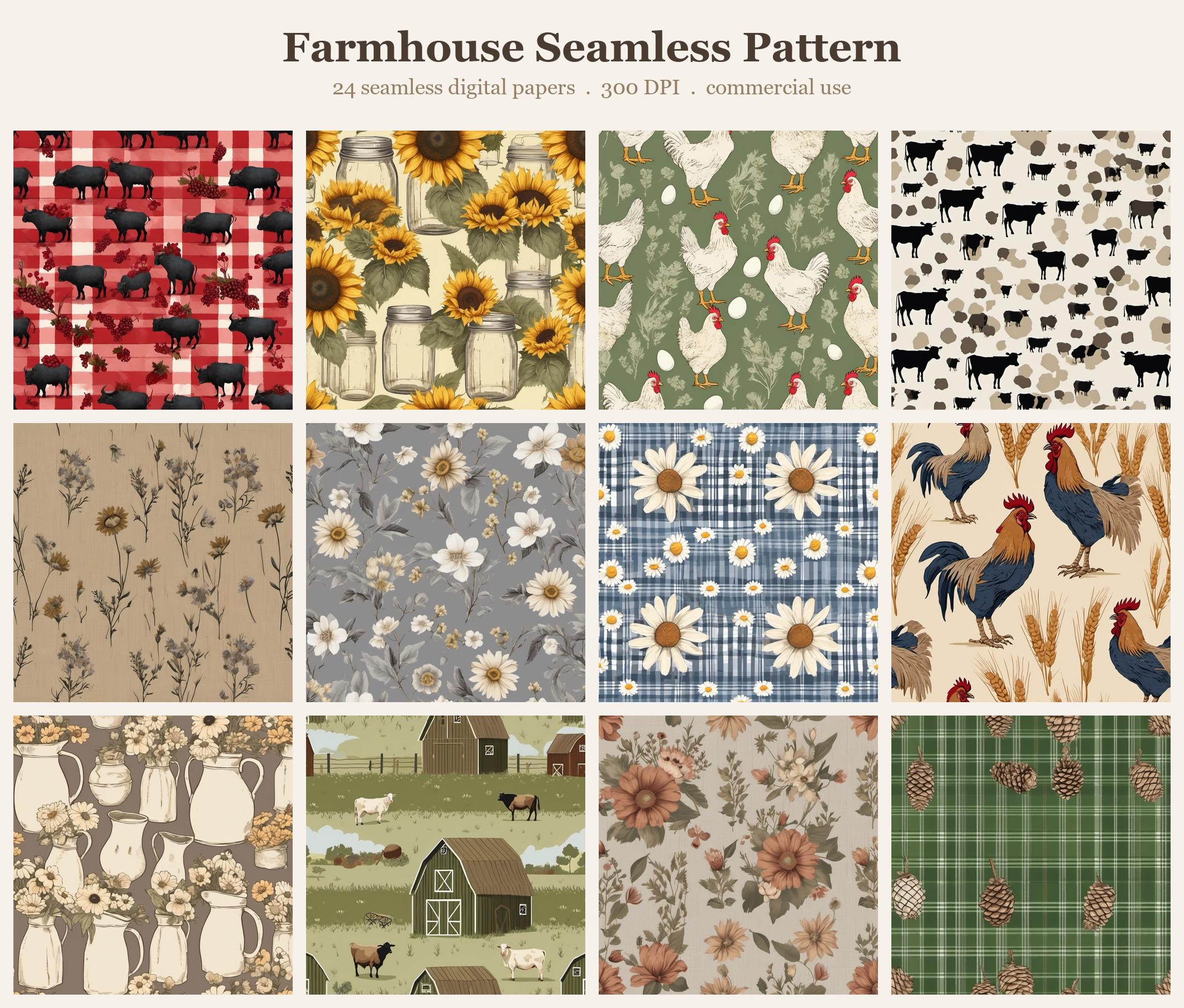 Farmhouse Seamless Pattern Bundle, Seamless Digital Paper, Sublimation Tumbler Wrap PNG, Designs Commercial Use