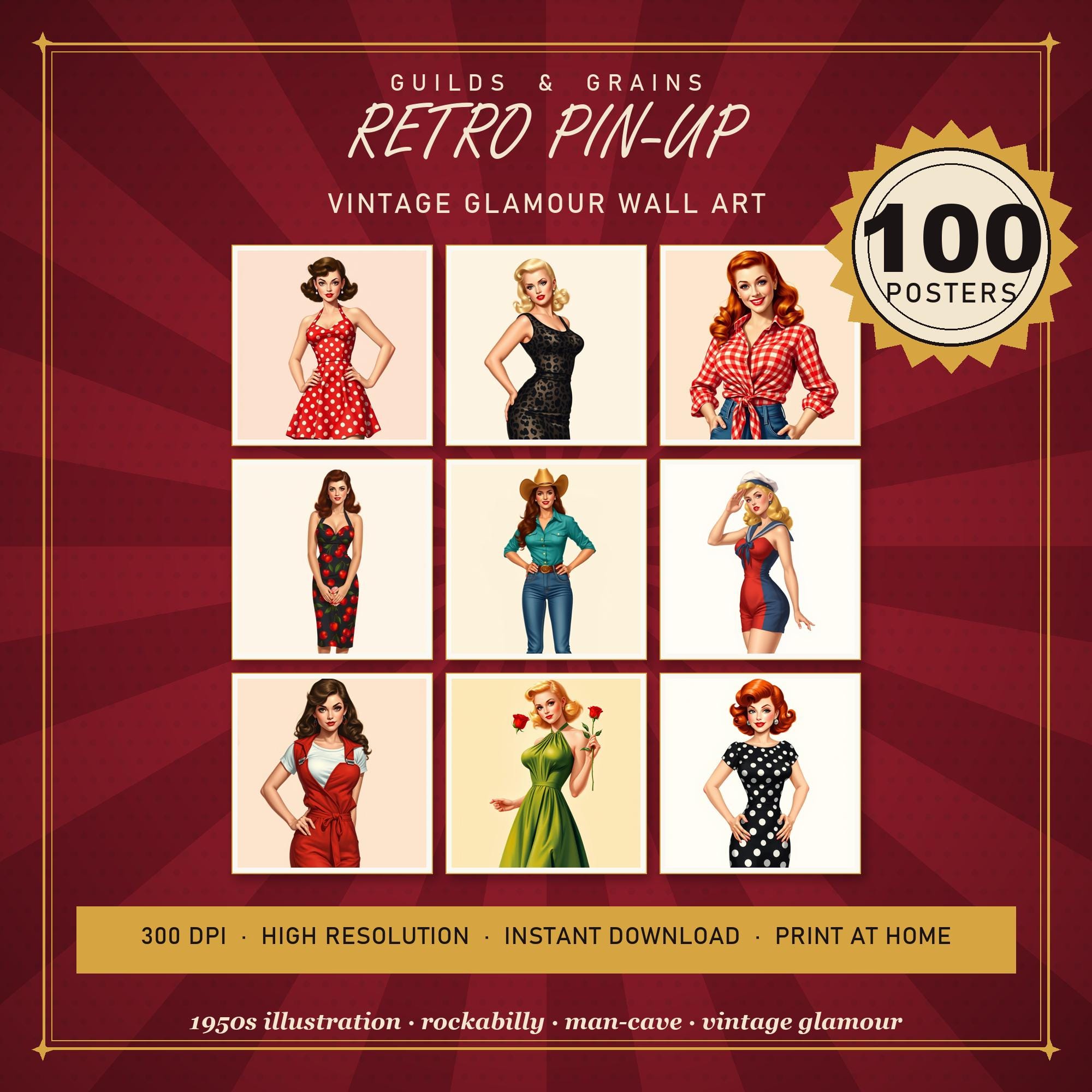 Vintage Pin Up Wall Art Set of 100, Rockabilly Poster Bundle, Man Cave Garage Bar Decor, 1