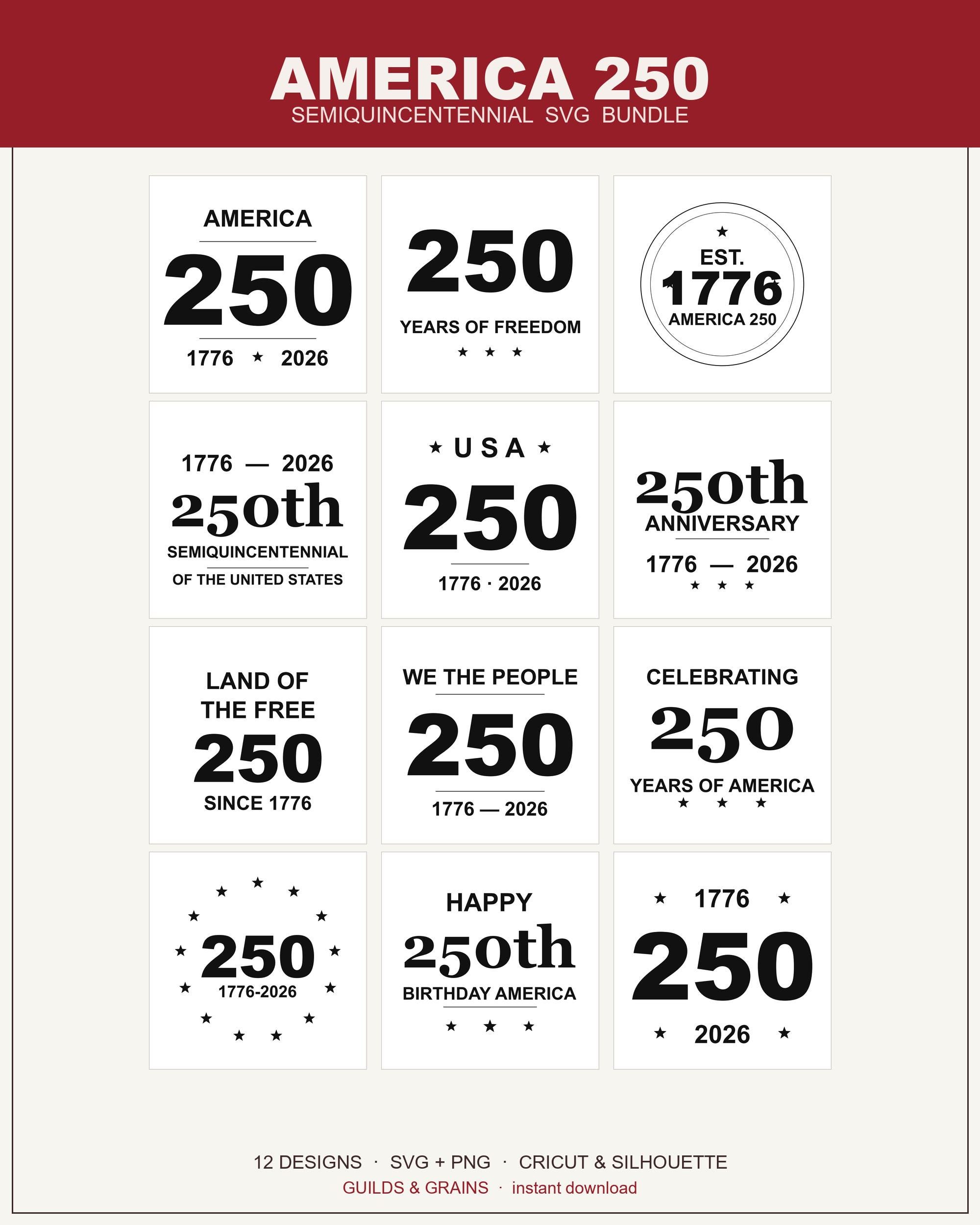 America 250 SVG Bundle, USA 250th Anniversary Semiquincentennial Cut Files, 1776 2026 Patriotic 4th of July, 12 Designs Cricut PNG