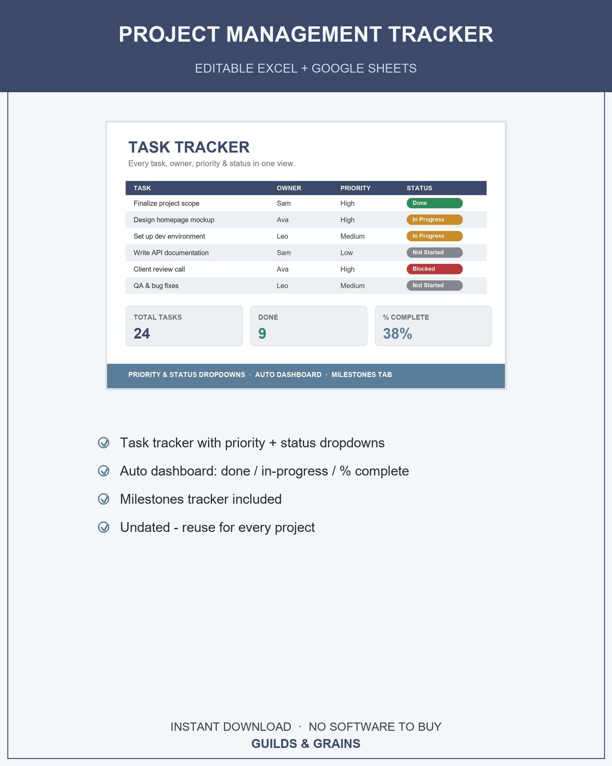 Project Management Template Excel Google Sheets, Editable Task Tracker Planner Spreadsheet