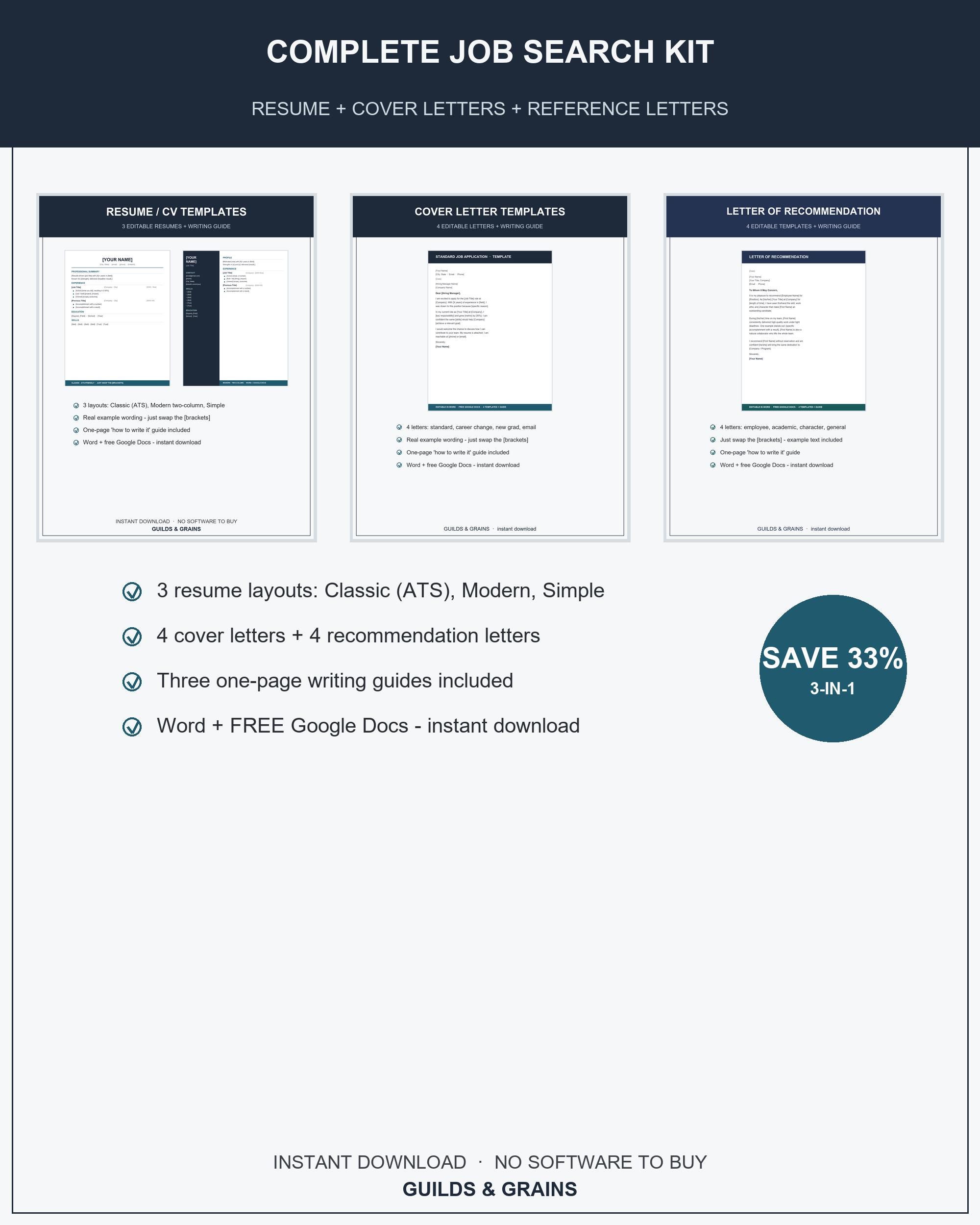 Job Search Kit, Editable Resume Cover Letter & Recommendation Letter Templates, Word Googl