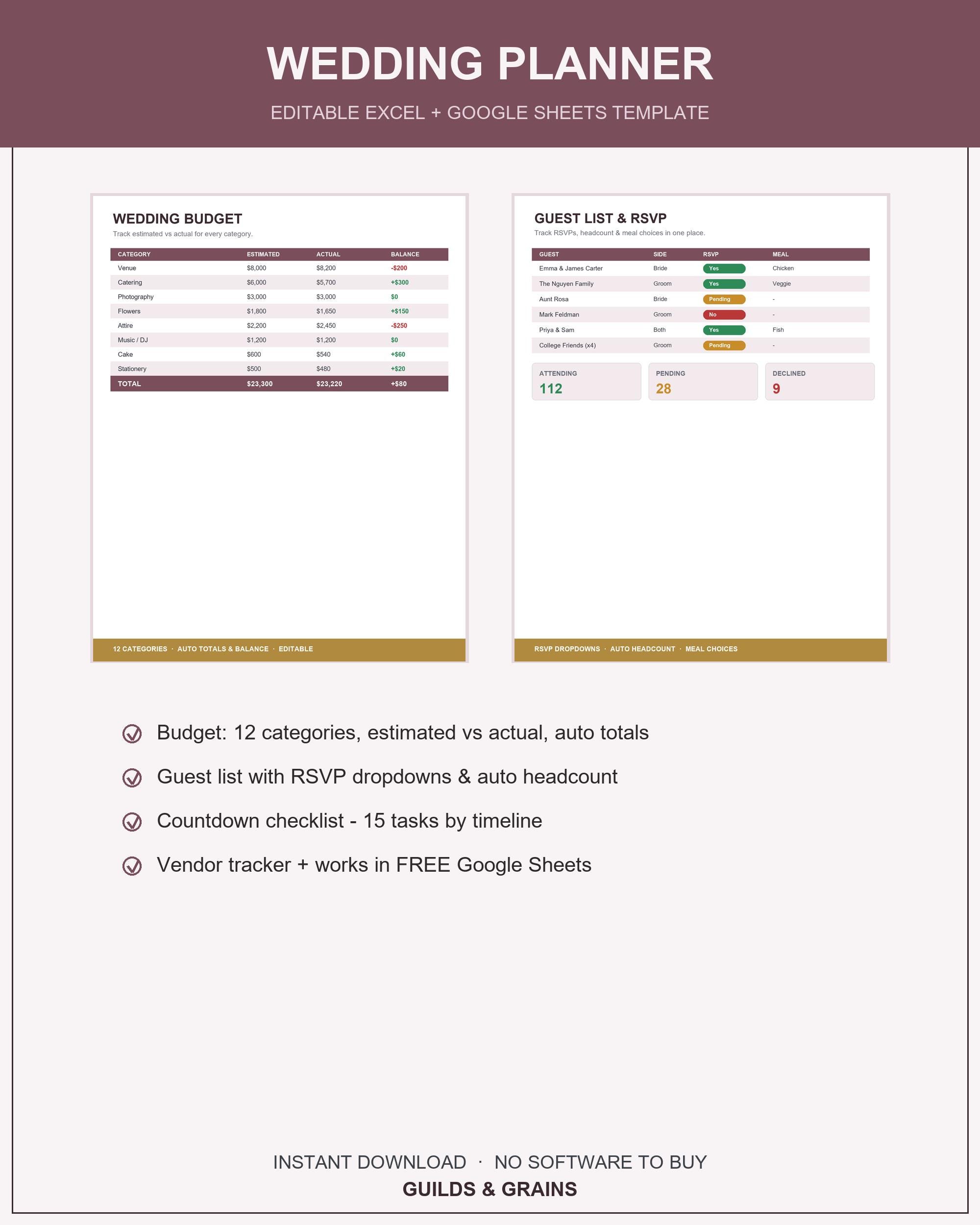 Wedding Planner Template Excel Google Sheets, Editable Wedding Budget Guest List RSVP Chec