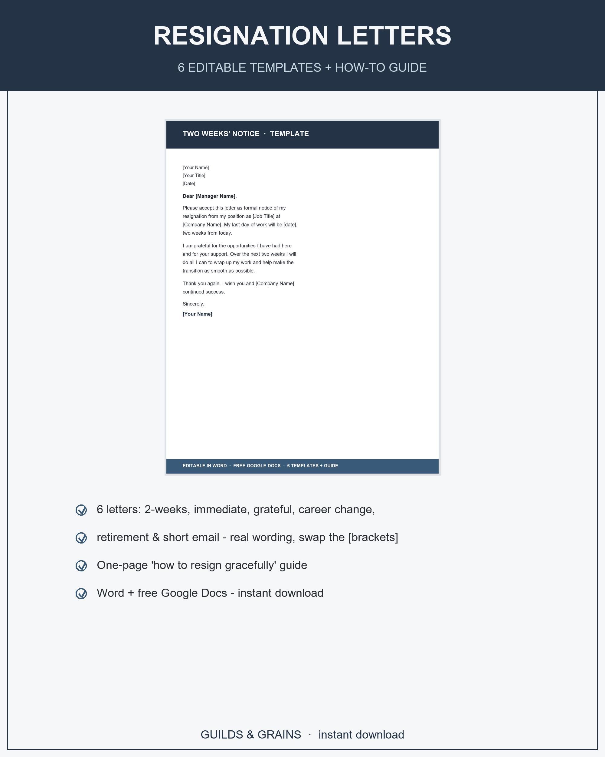 Resignation Letter Template, Editable Word Google Docs, Two Weeks Notice Retirement Career