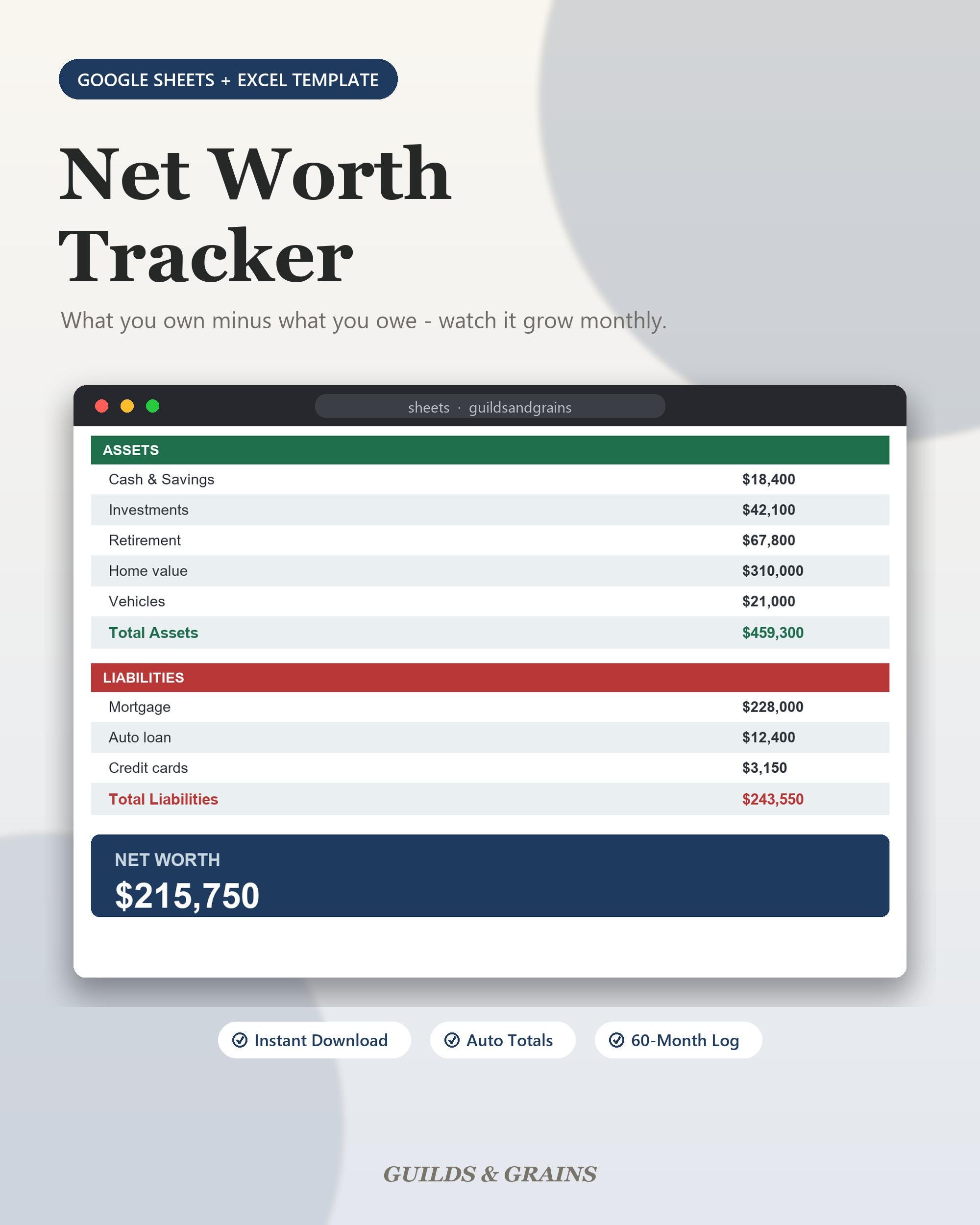 Net Worth Tracker Excel Google Sheets, Editable Personal Finance Dashboard Asset Liability