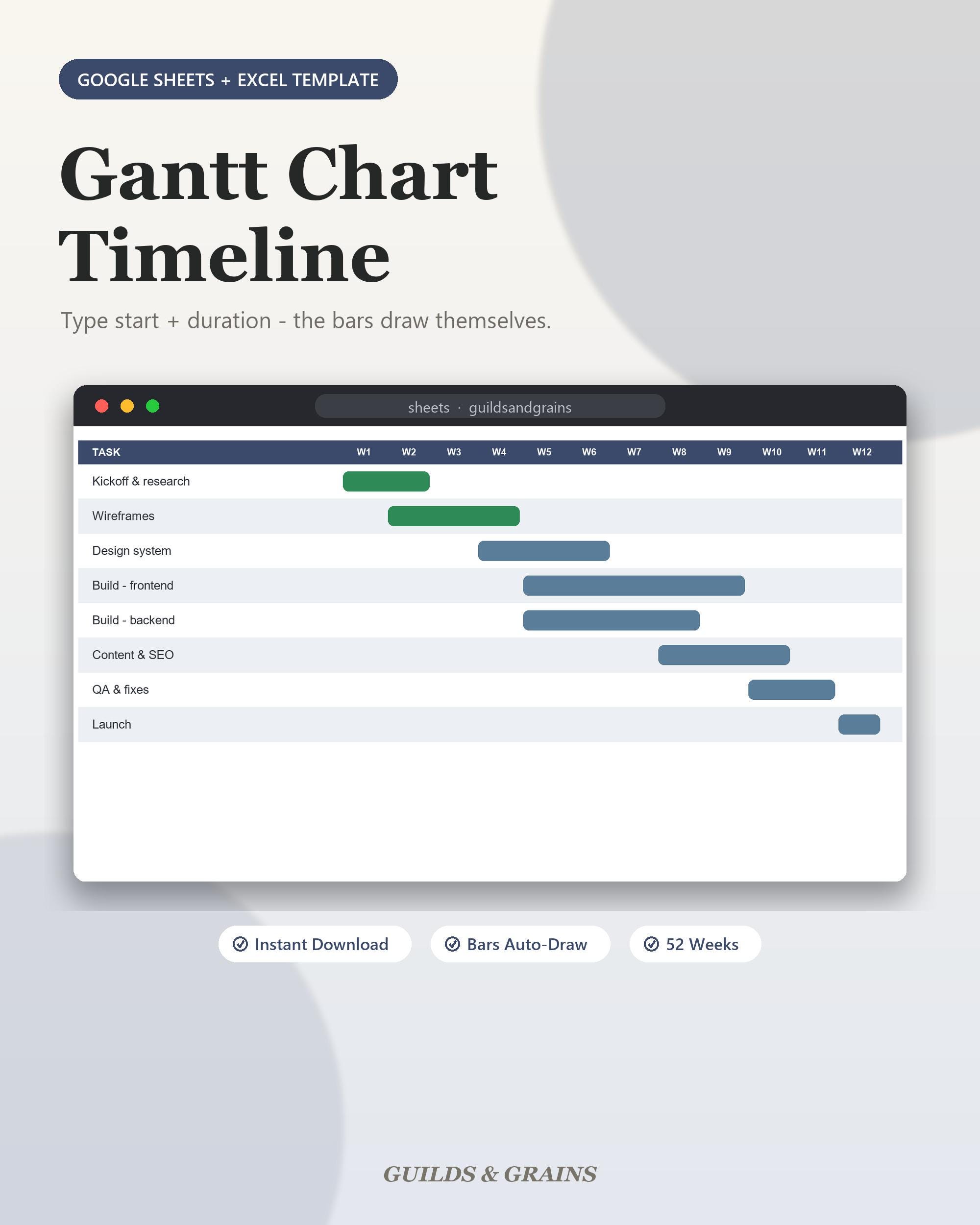 Gantt Chart Template Google Sheets Excel Project Timeline Spreadsheet Roadmap Planner Task Timeline Tracker Instant Download