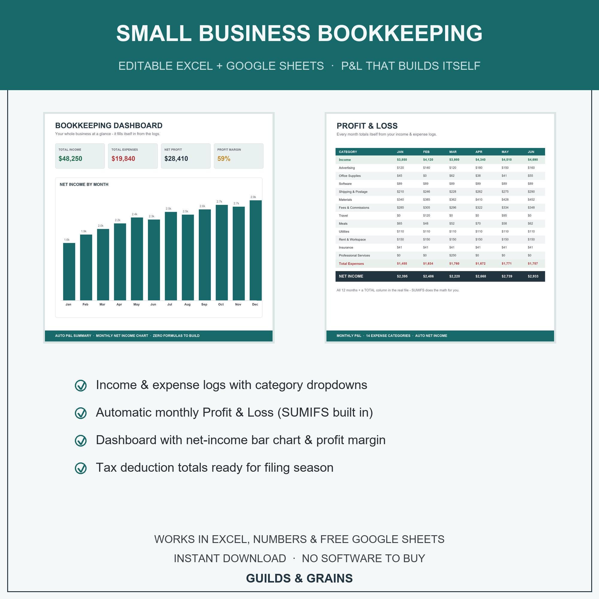 Small Business Bookkeeping Template Excel Google Sheets, Profit and Loss Income Expense Tr