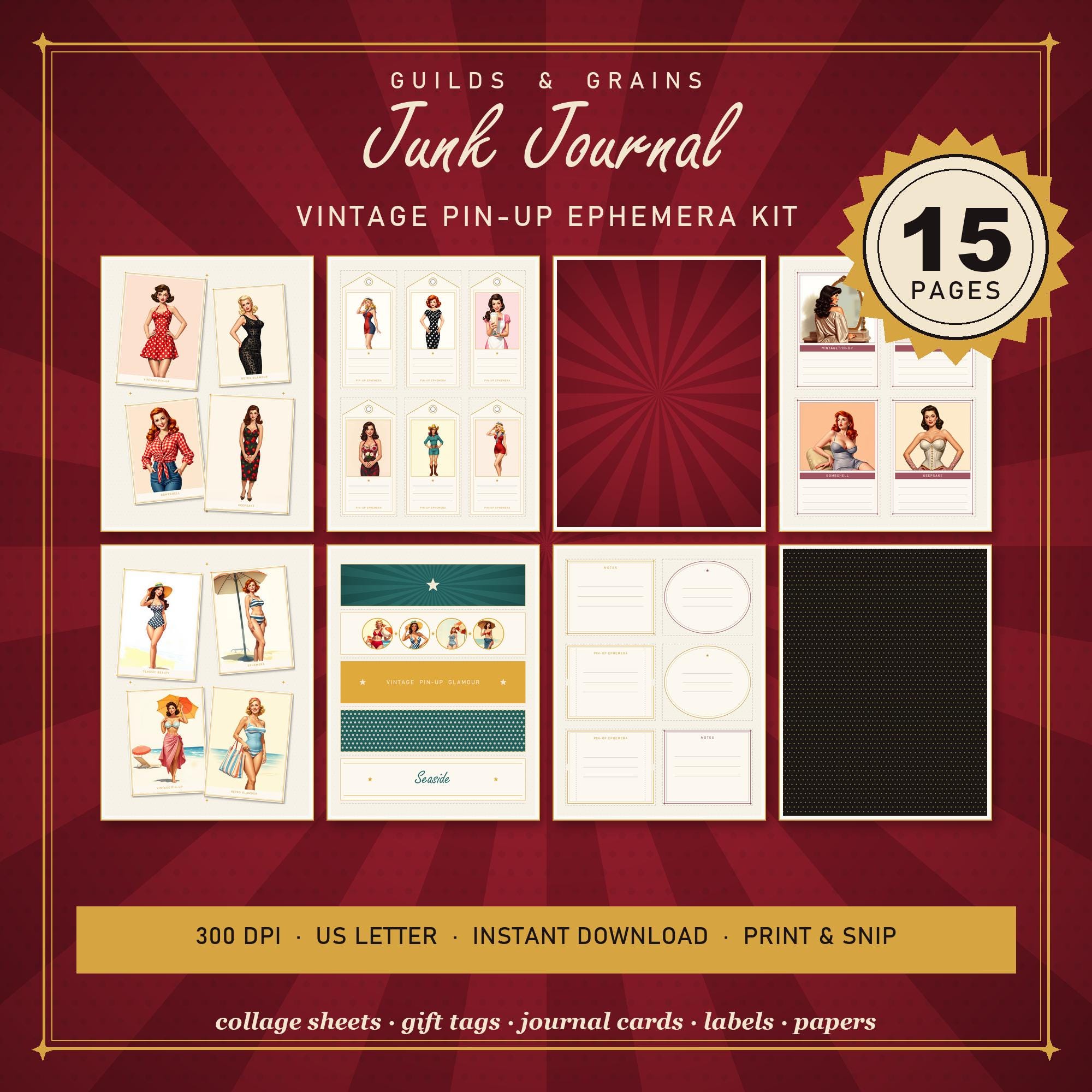 Vintage Pin Up Junk Journal Kit, 15 Printable Ephemera Pages, Retro Collage Sheets Gift Tags Journal Cards Papers, Digital Download